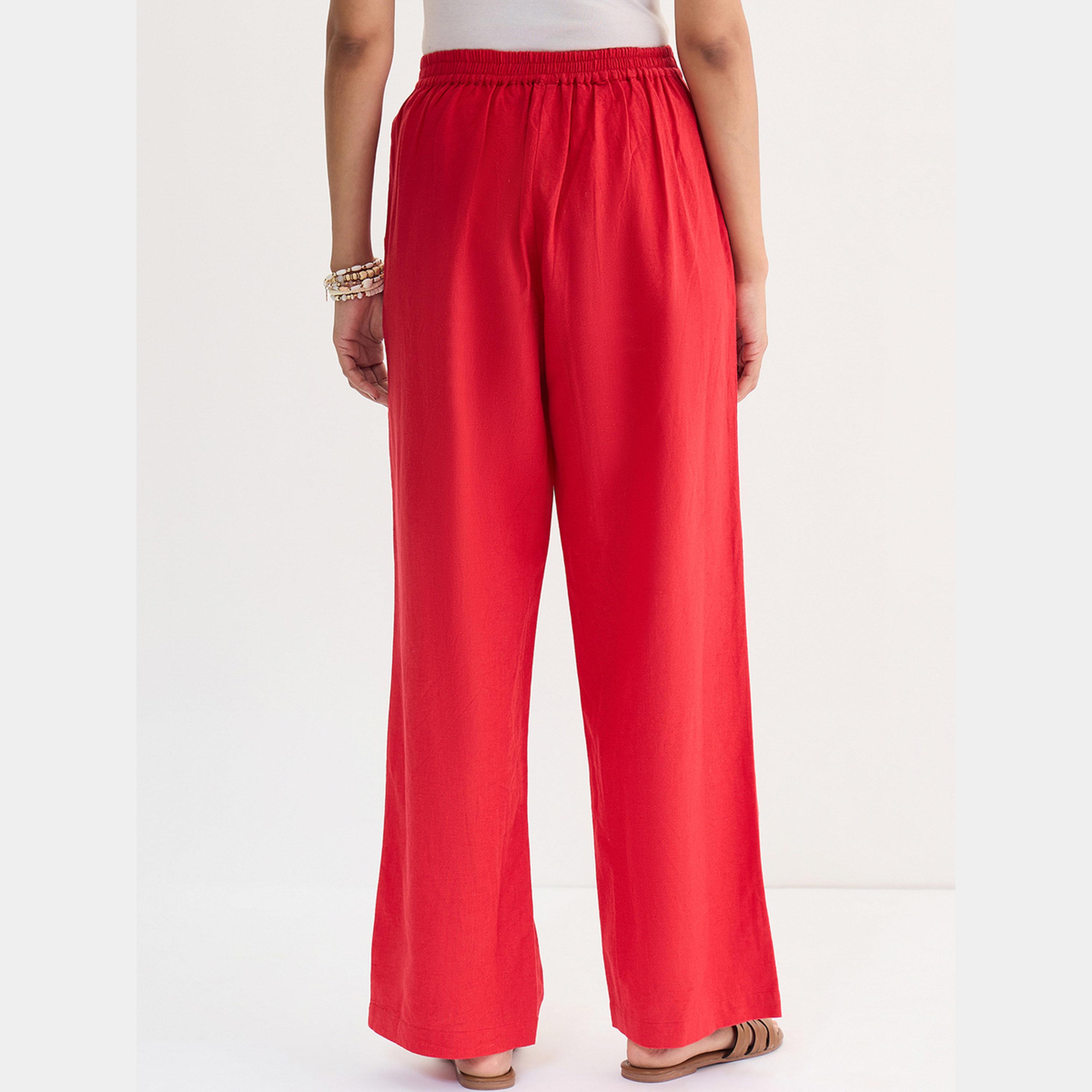 Femmella Red Cotton Linen Straight Fit Pants-women-clothing-bottoms-trousers-image-3