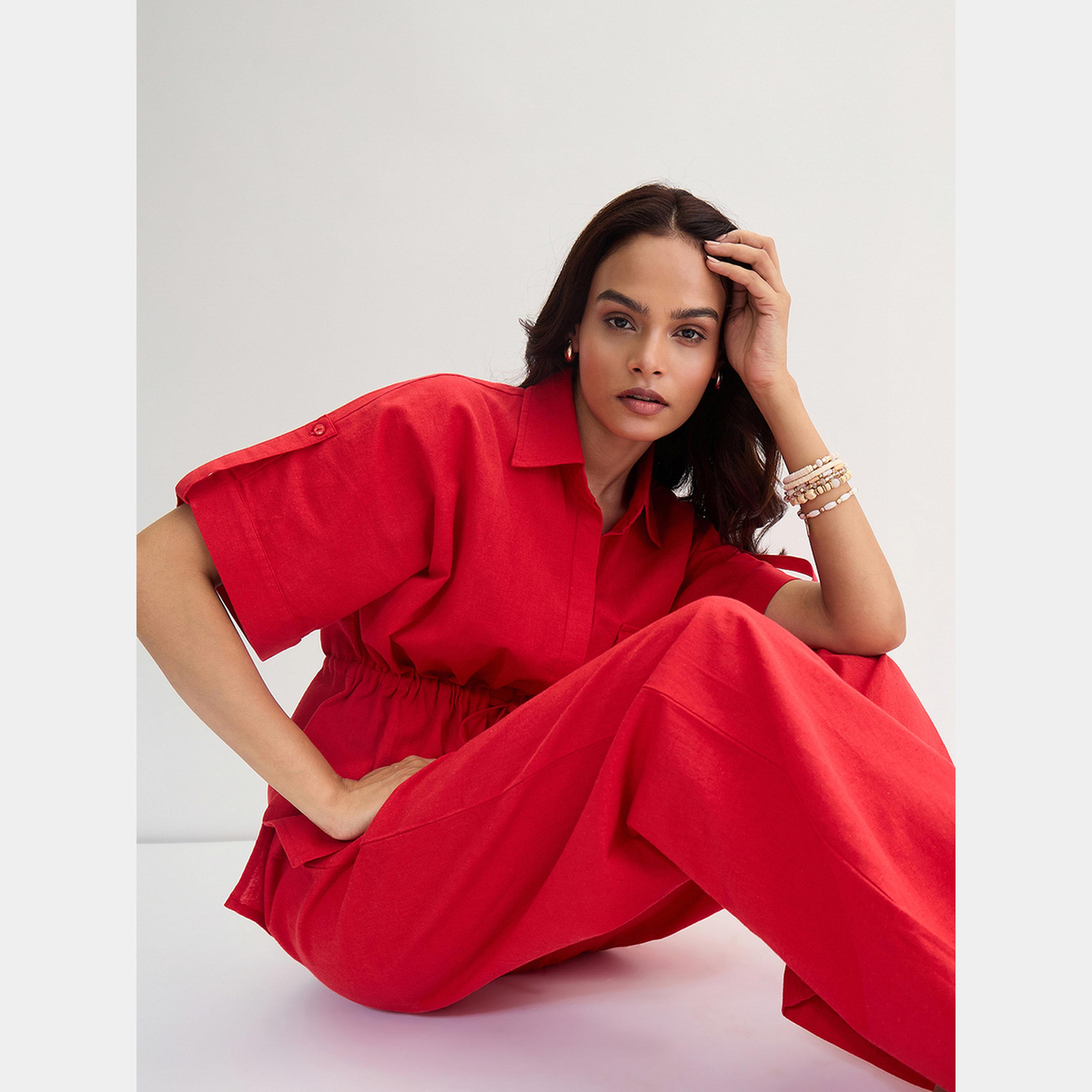 Femmella Red Cotton Linen Straight Fit Pants-women-clothing-bottoms-trousers-image-4