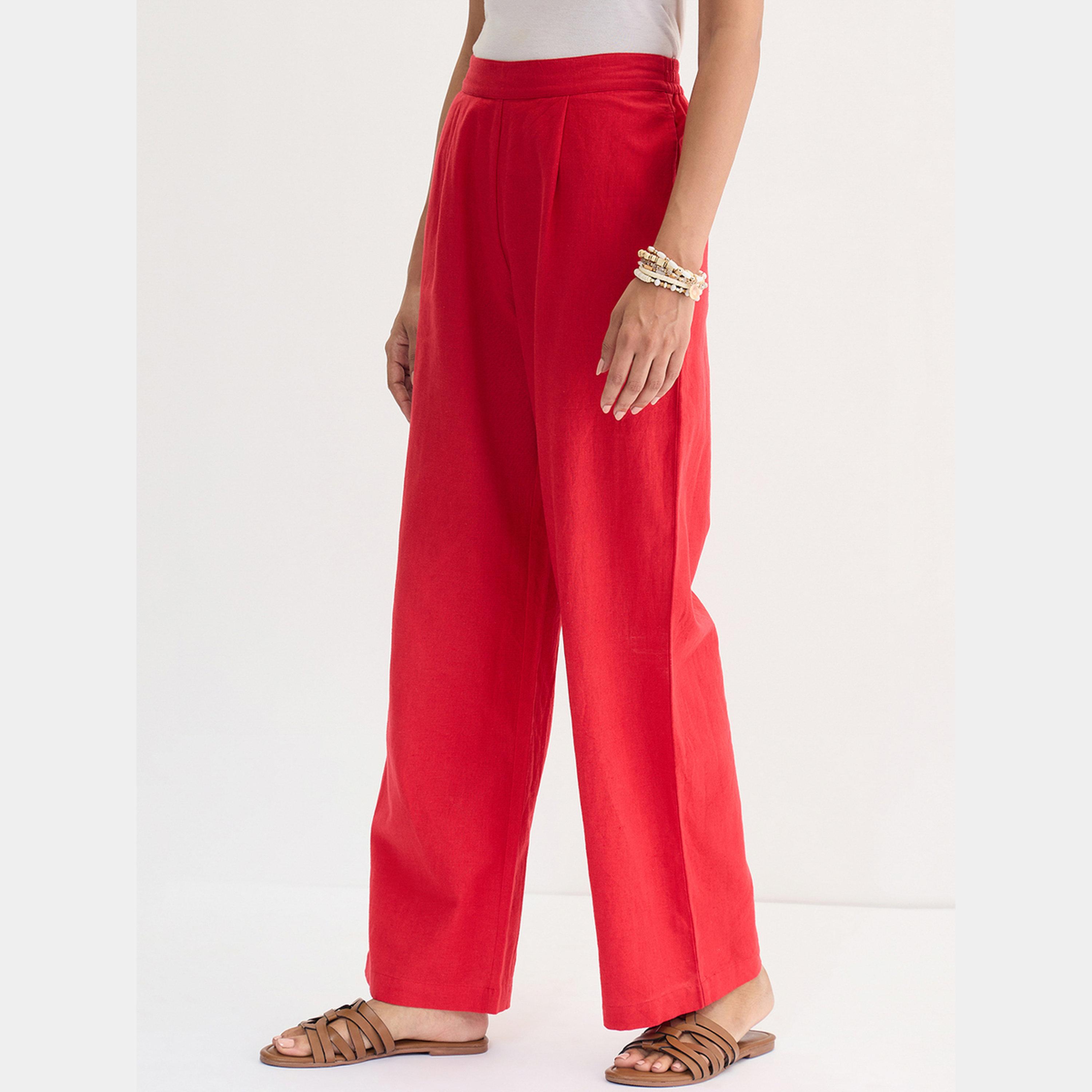 فيميلا - بنطال أحمر من القطن والكتان بقصّة مستقيمة-women-clothing-bottoms-trousers-image-5
