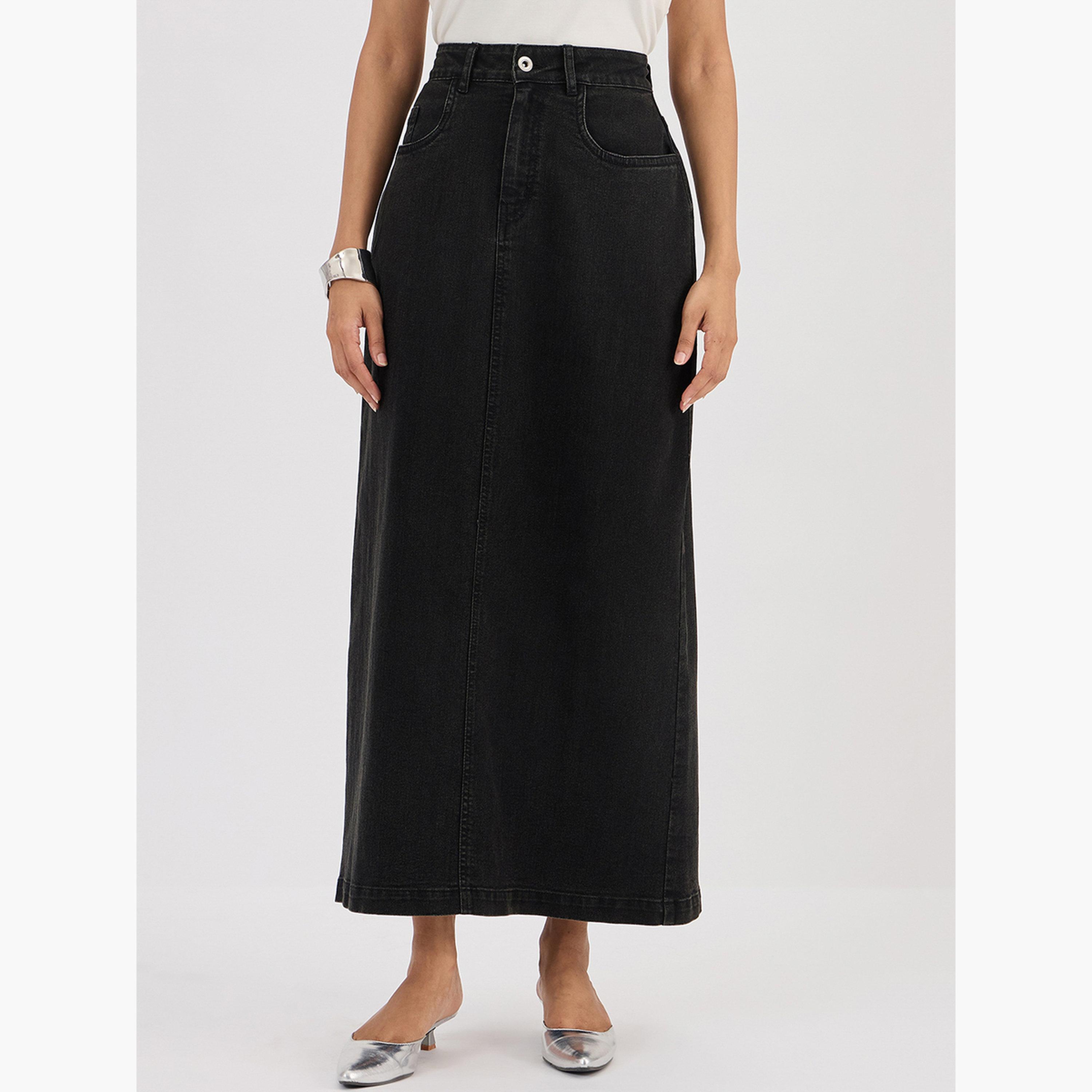 فيميلا - تنورة ماكسي سوداء من قماش الدنيم تصميم A-women-clothing-bottoms-skirts-image-1