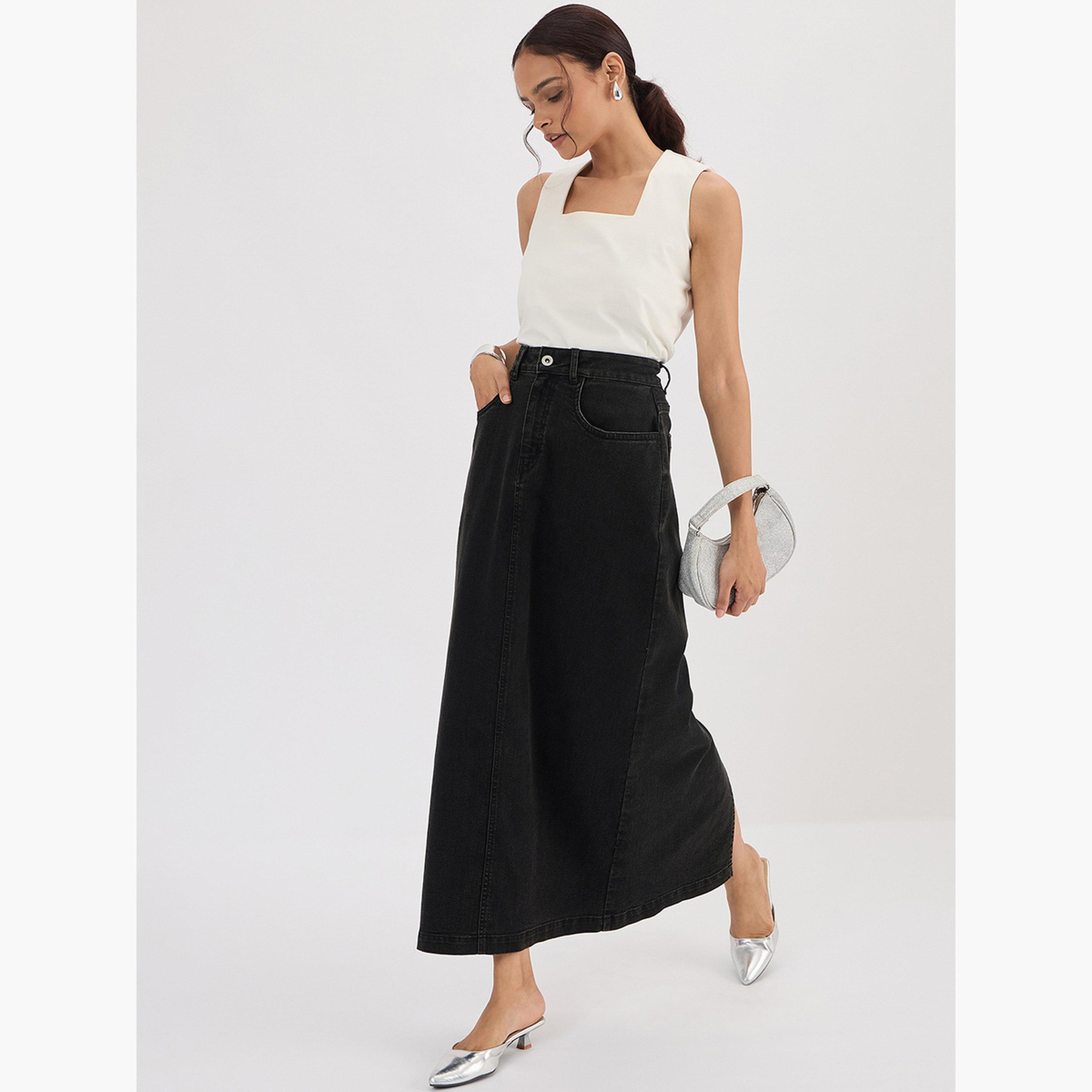 Femmella Black Denim A-Line Maxi Skirt-women-clothing-bottoms-skirts-image-2