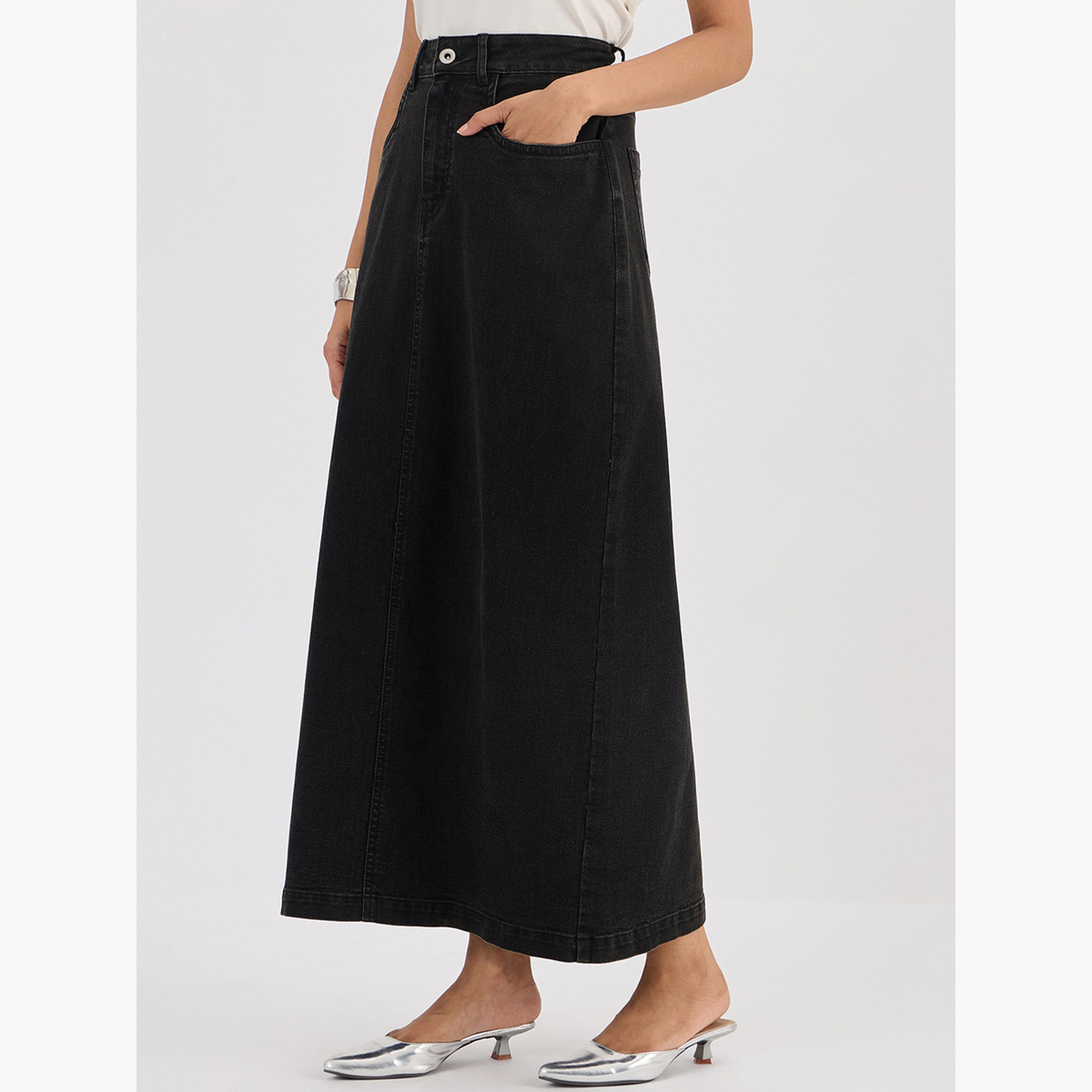 فيميلا - تنورة ماكسي سوداء من قماش الدنيم تصميم A-women-clothing-bottoms-skirts-image-3