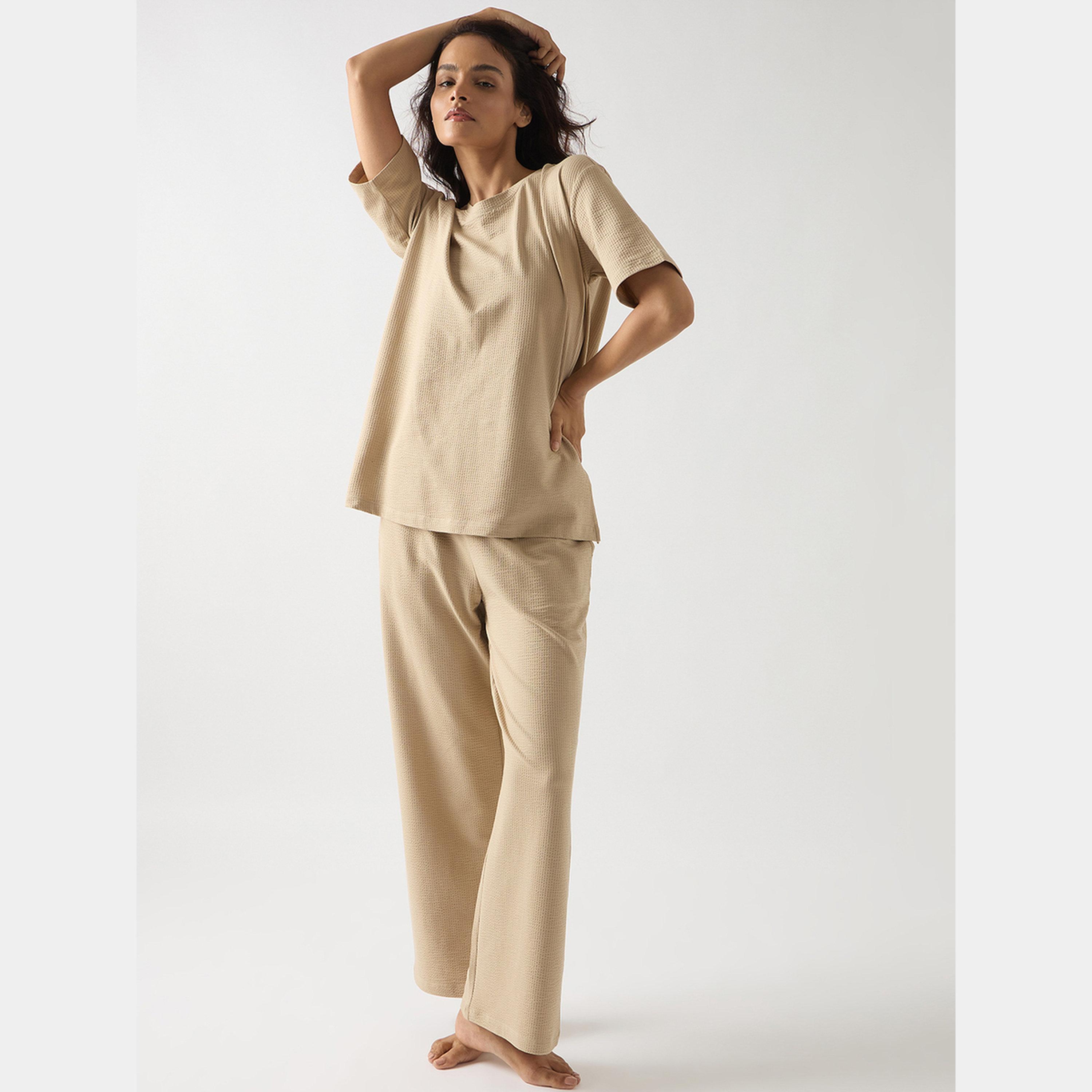 Femmella Beige Cotton Knit Straight Fit Pants-women-clothing-bottoms-trousers-image-2