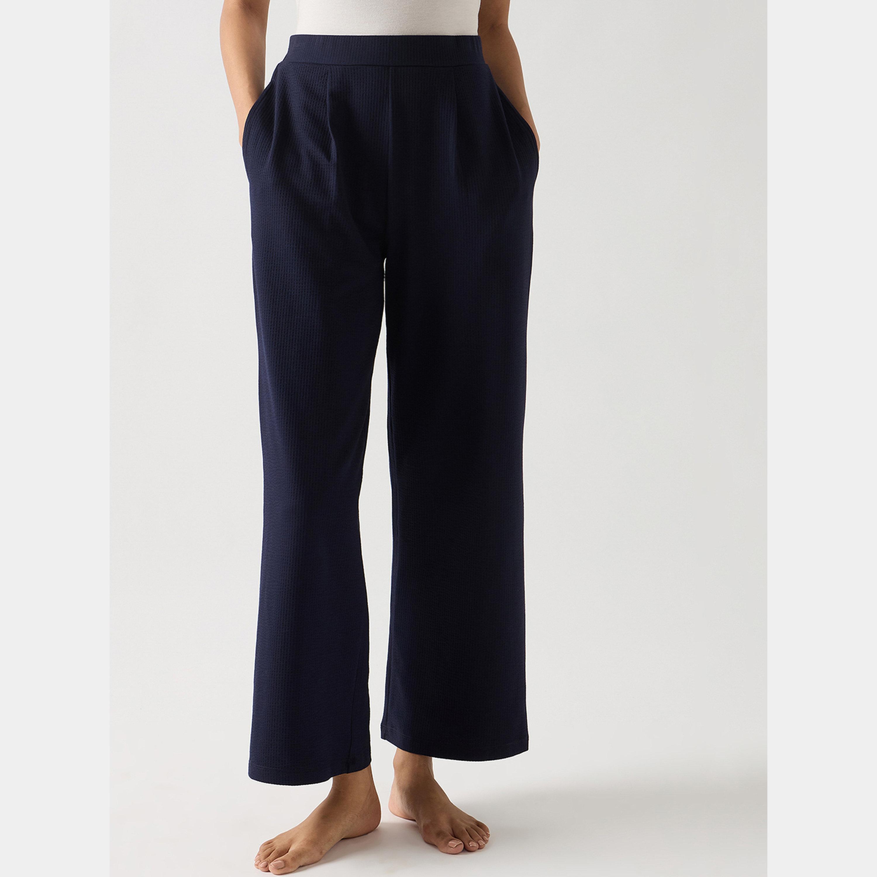 فيميلا - بنطال مستقيم من القطن المحبوك لون أزرق داكن-women-clothing-bottoms-trousers-image-1