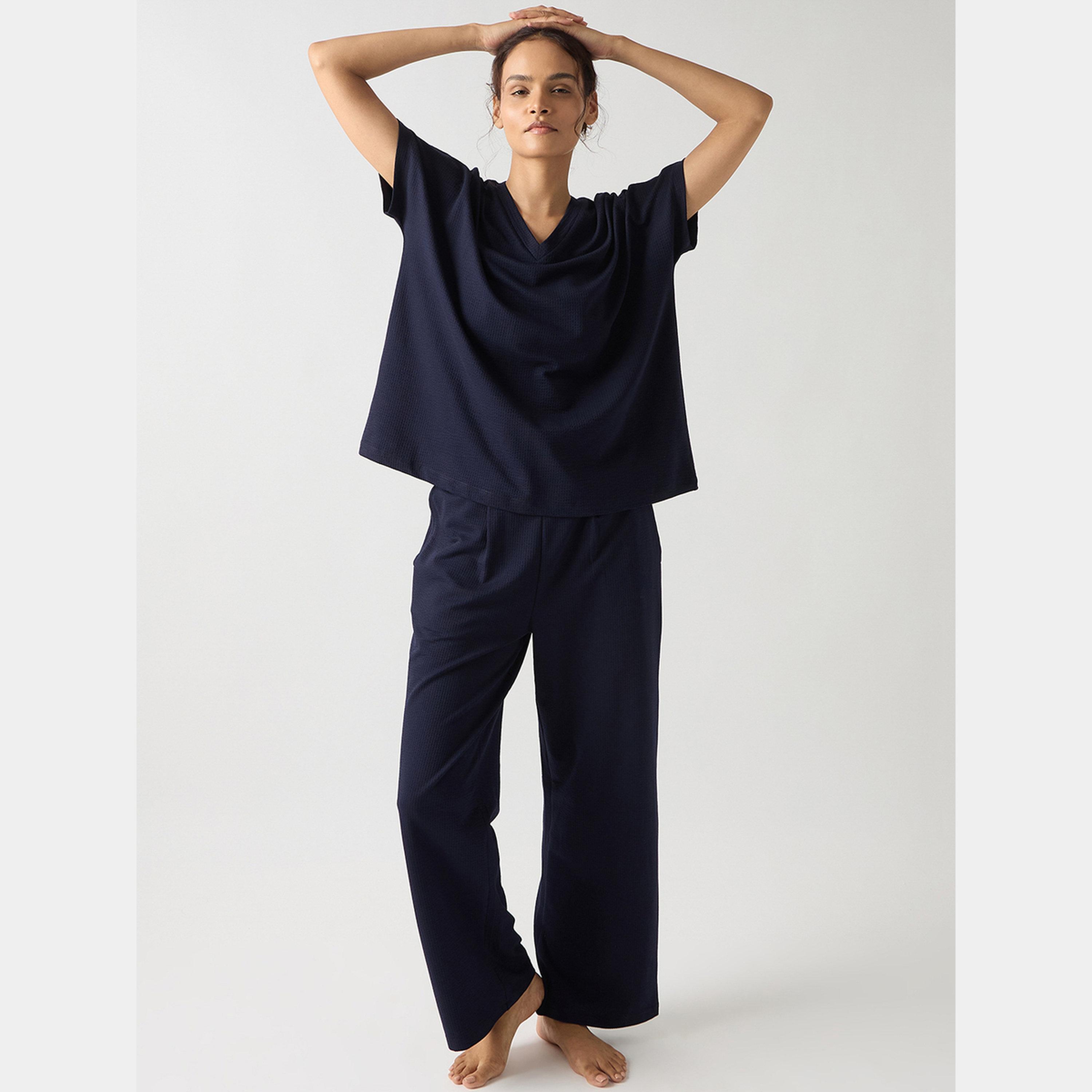 فيميلا - بنطال مستقيم من القطن المحبوك لون أزرق داكن-women-clothing-bottoms-trousers-image-2