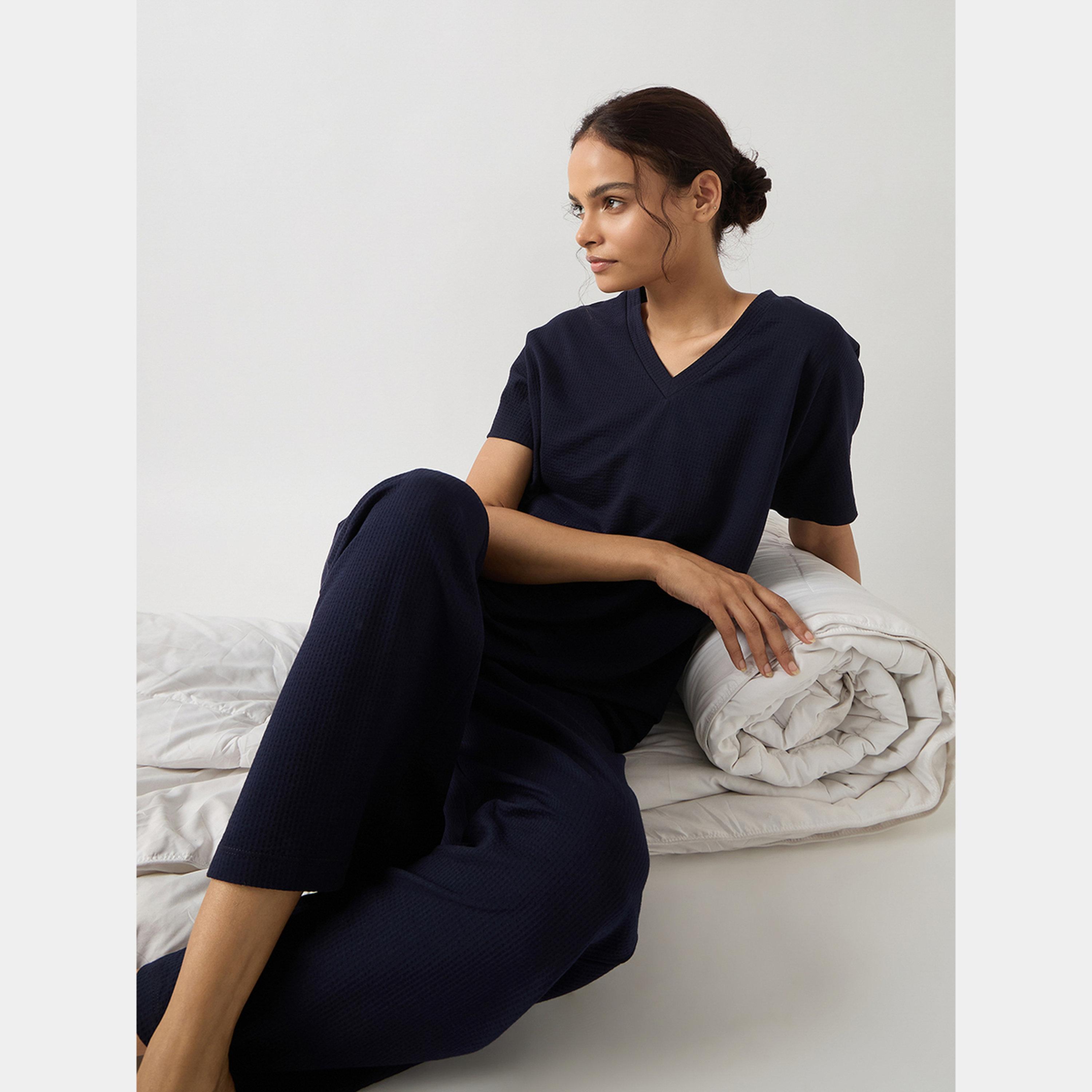 فيميلا - بنطال مستقيم من القطن المحبوك لون أزرق داكن-women-clothing-bottoms-trousers-image-4