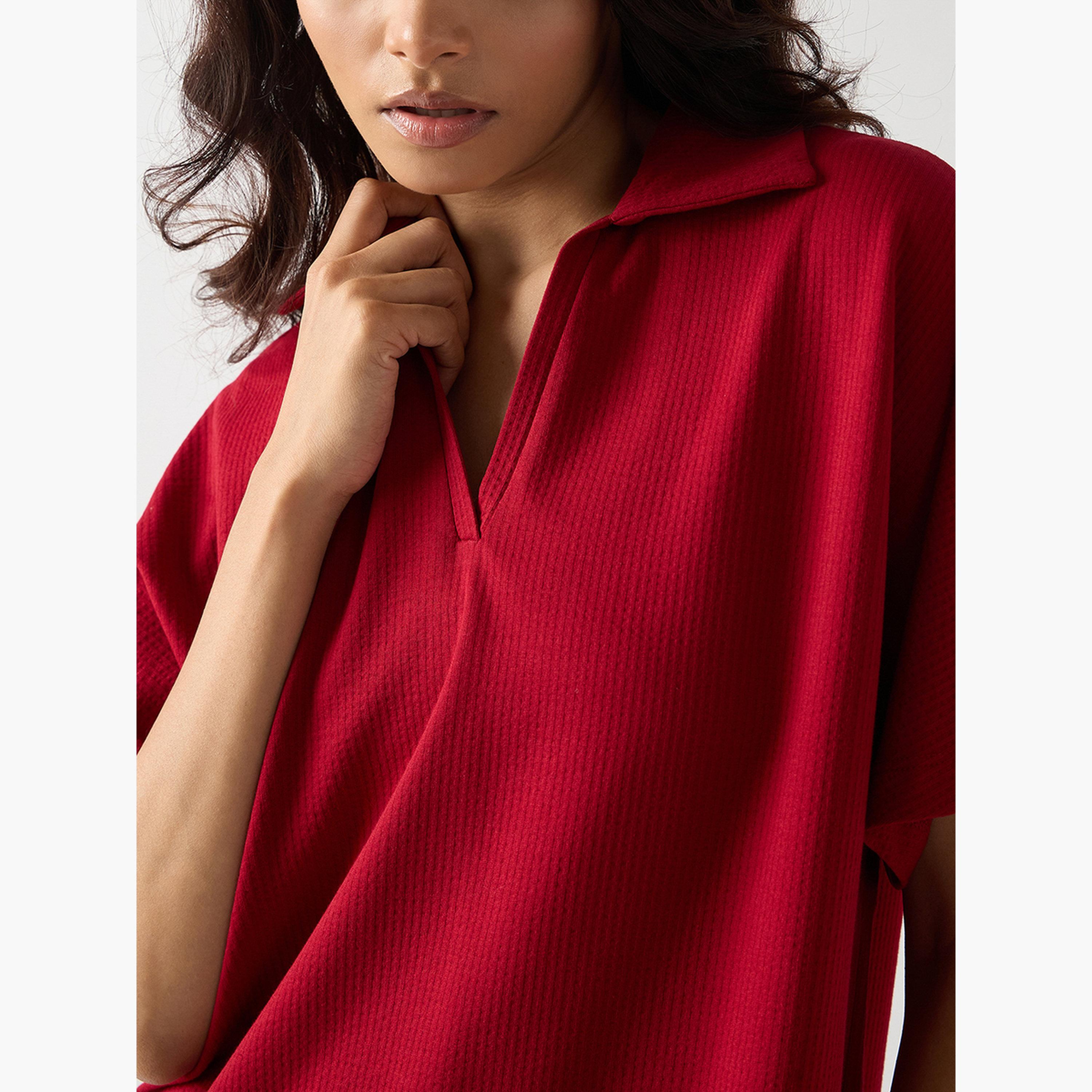 فيميلا - تي شيرت قطني أحمر بأكمام قصيرة محبوك-women-clothing-tshirts-image-4