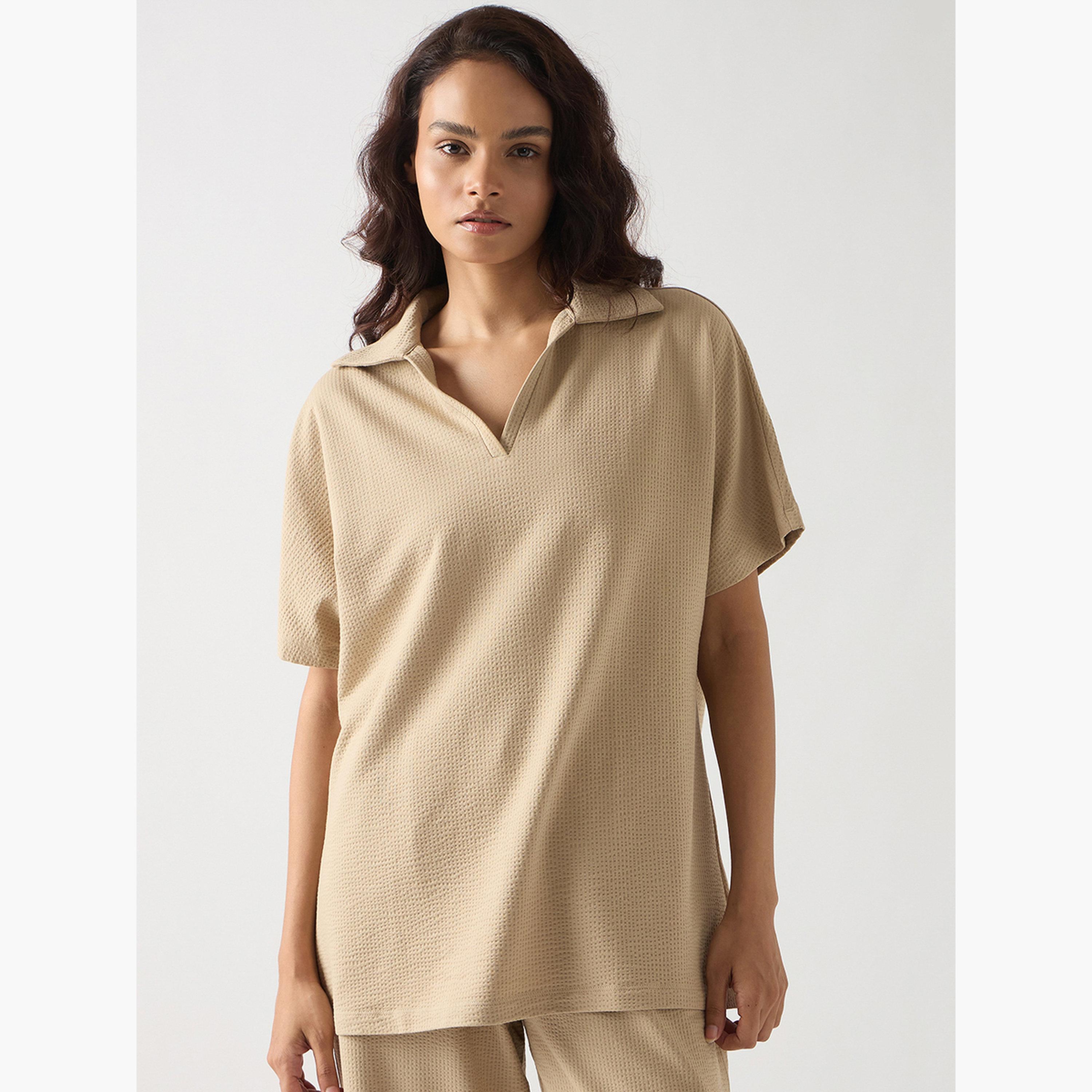 فيميلا - تي شيرت قطن محبوك بأكمام قصيرة لون بيج-women-clothing-tshirts-image-1