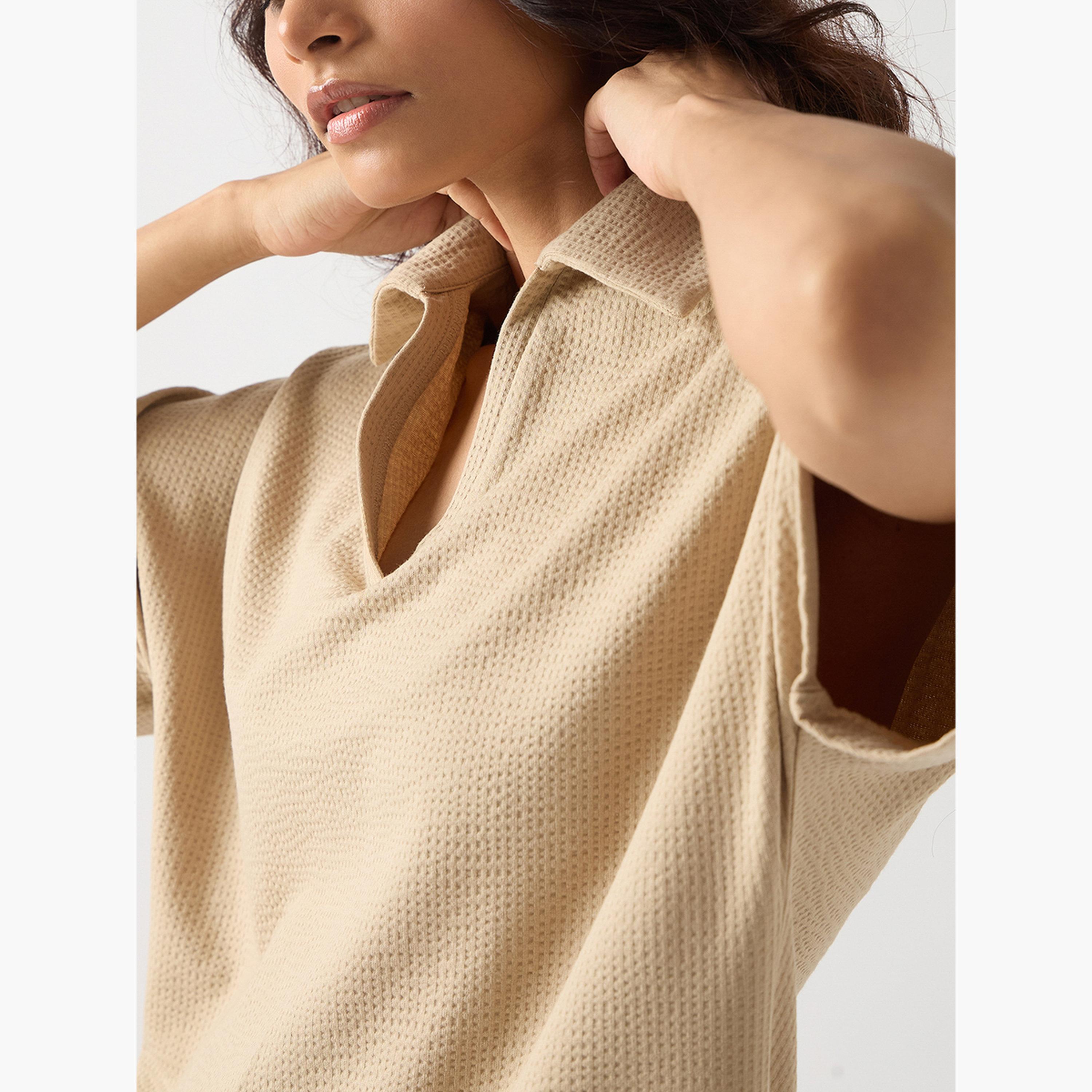 فيميلا - تي شيرت قطن محبوك بأكمام قصيرة لون بيج-women-clothing-tshirts-image-5
