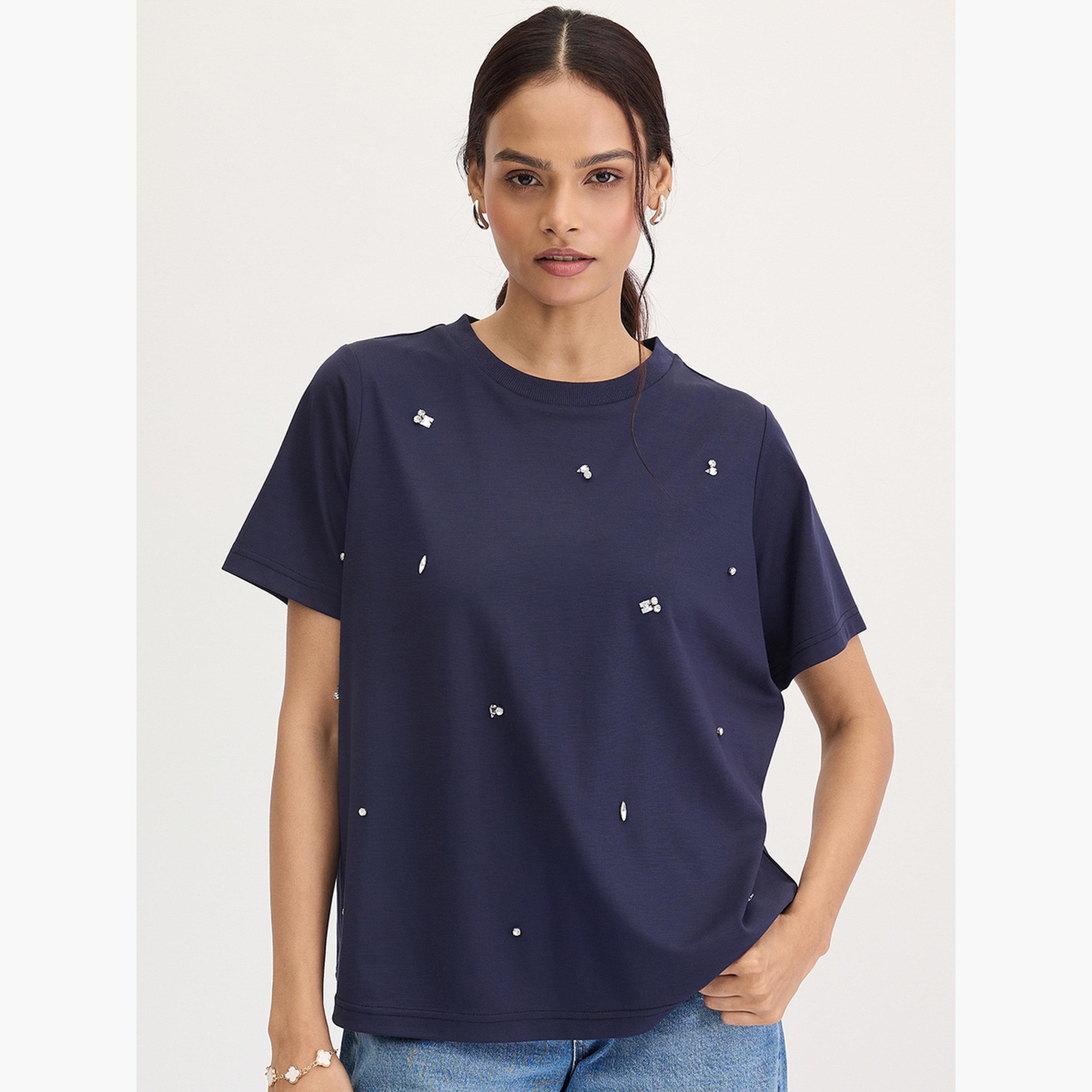Femmella Navy Blue Rhinestone Embellished Short Sleeve T-Shirt-women-clothing-tshirts-image-1