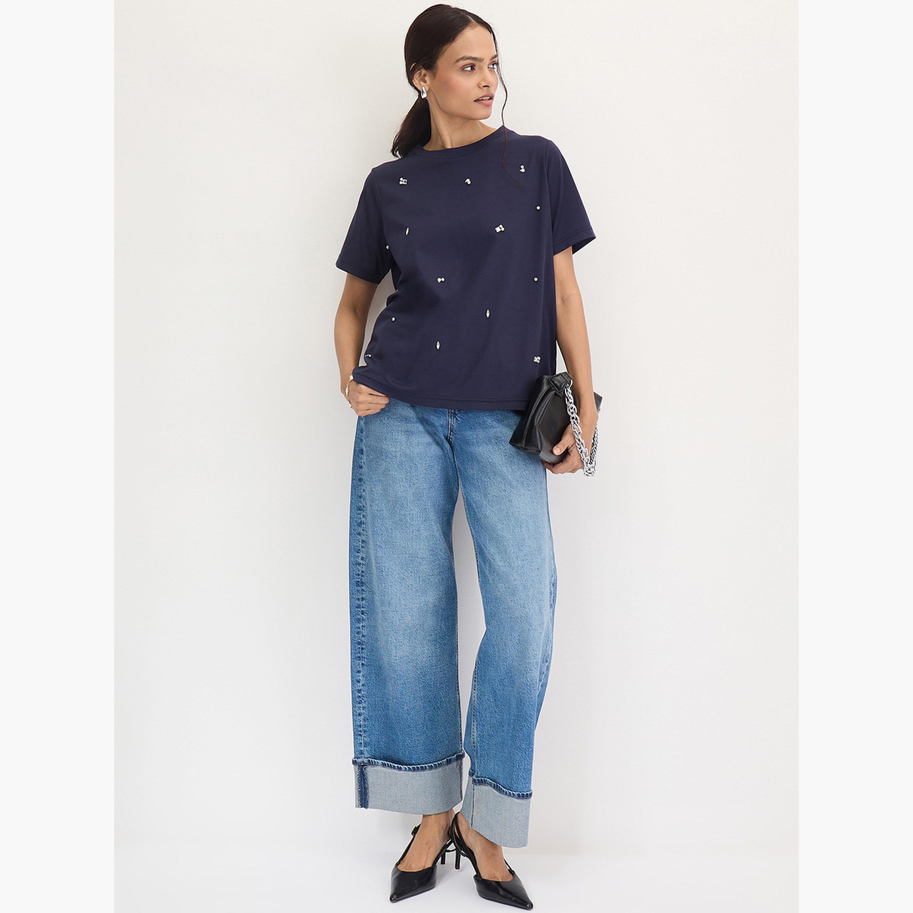 Femmella Navy Blue Rhinestone Embellished Short Sleeve T-Shirt-women-clothing-tshirts-image-2
