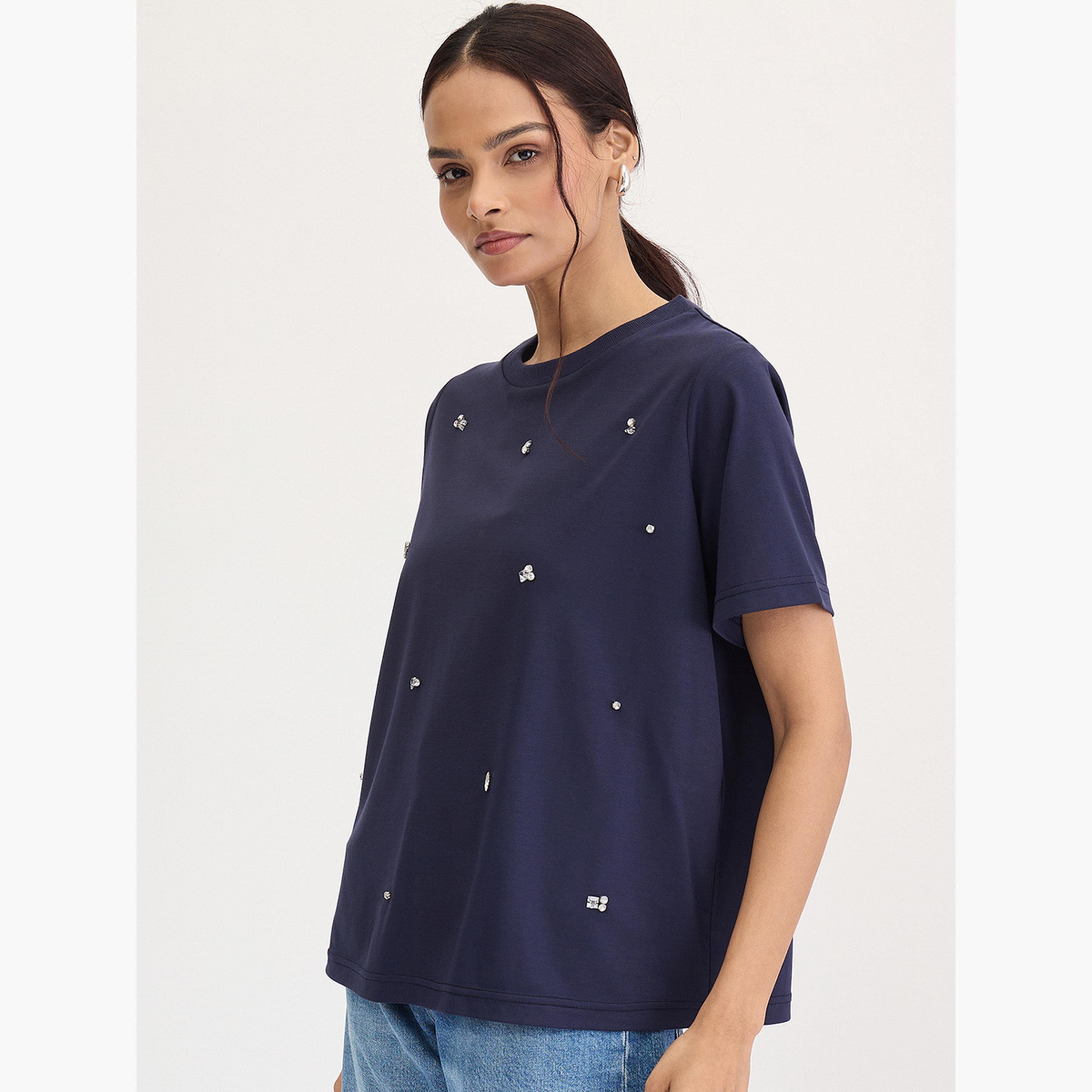 Femmella Navy Blue Rhinestone Embellished Short Sleeve T-Shirt-women-clothing-tshirts-image-3