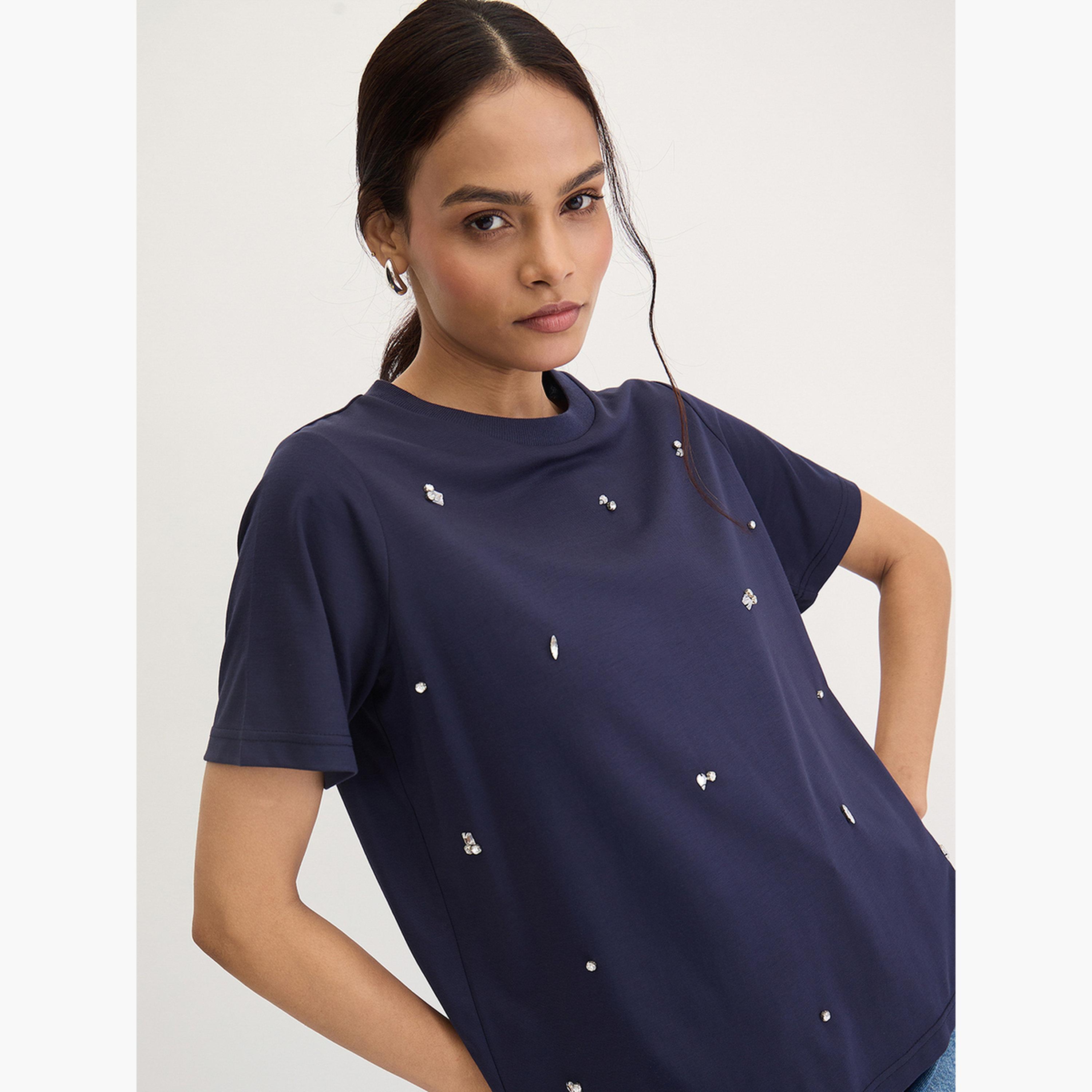 Femmella Navy Blue Rhinestone Embellished Short Sleeve T-Shirt-women-clothing-tshirts-image-4