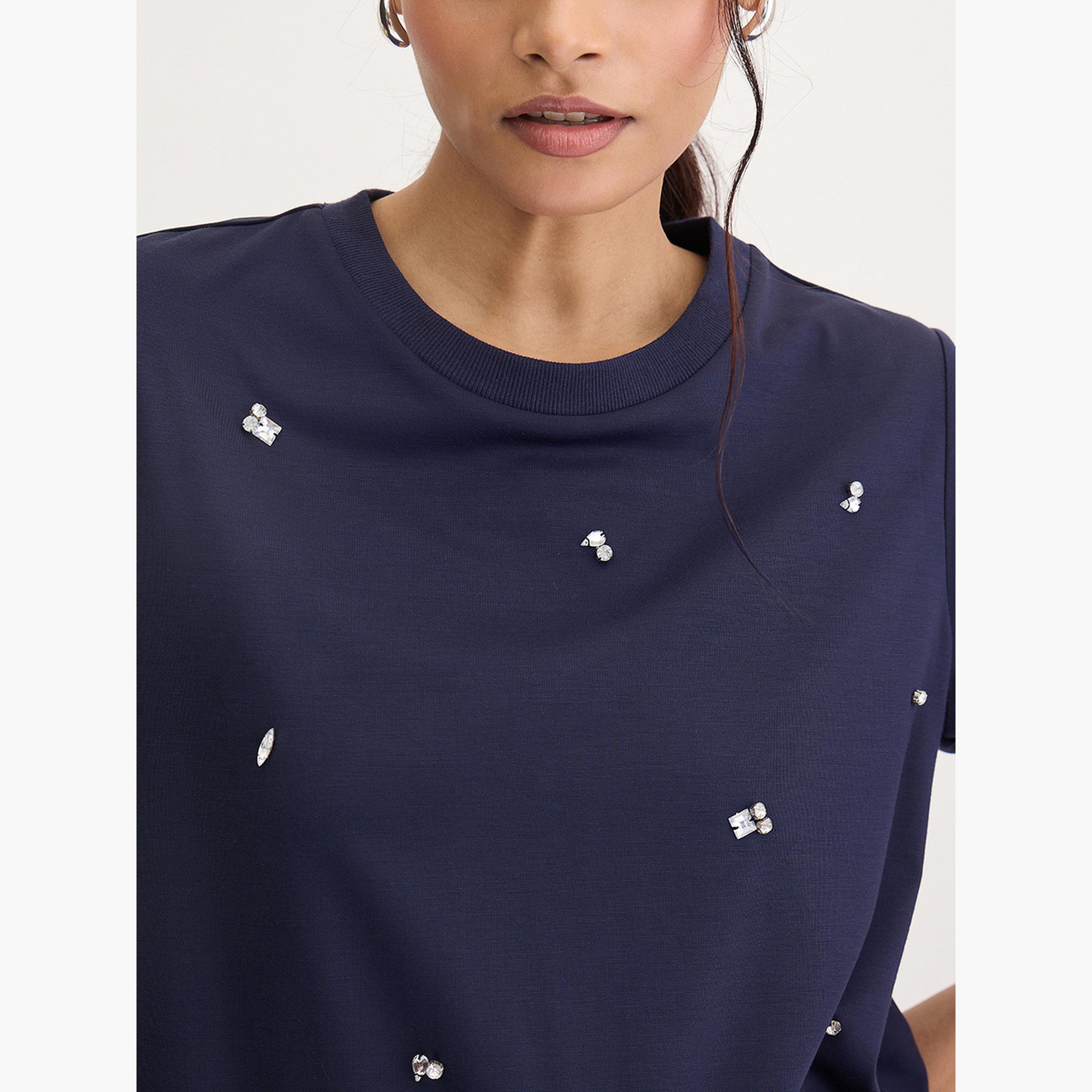 Femmella Navy Blue Rhinestone Embellished Short Sleeve T-Shirt-women-clothing-tshirts-image-5