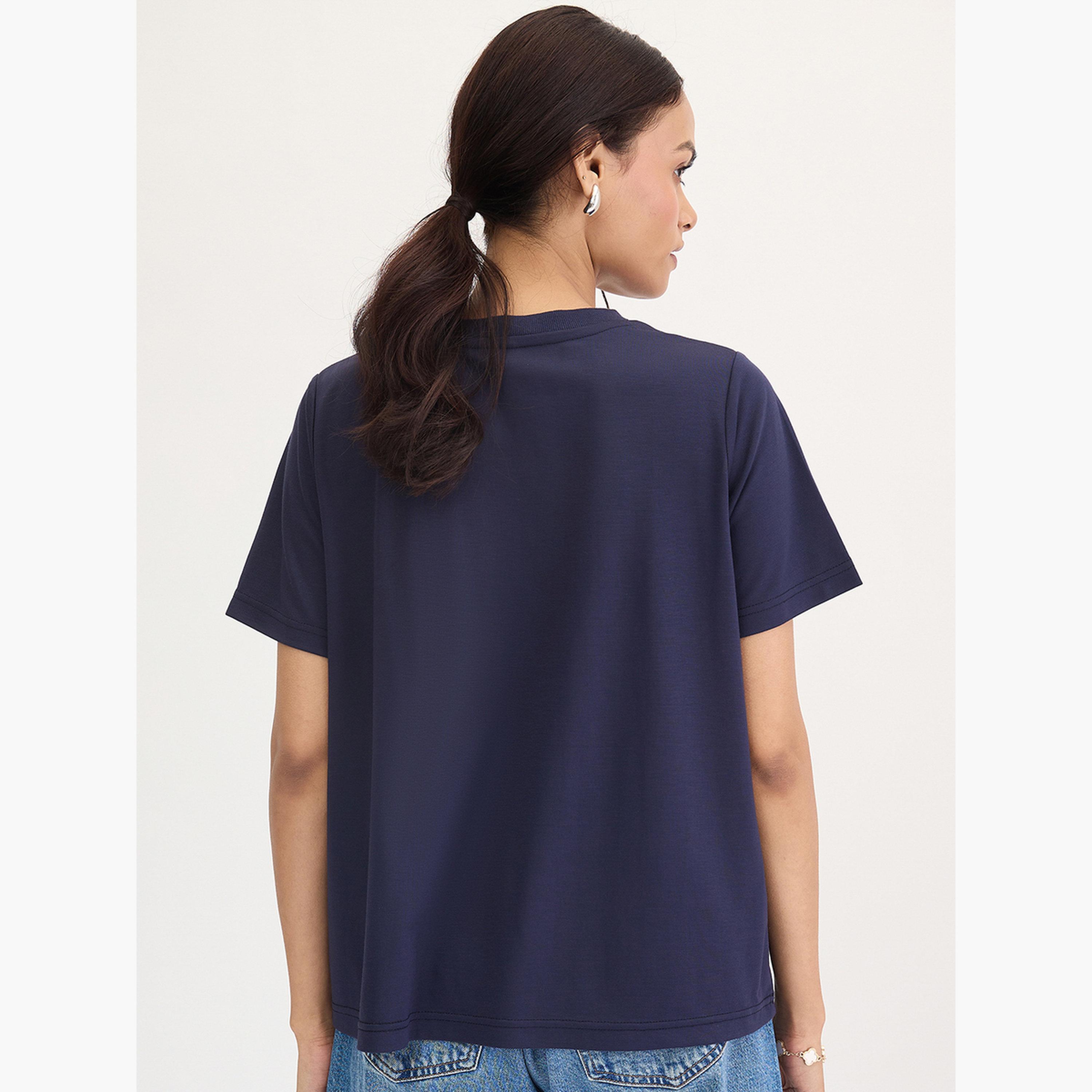Femmella Navy Blue Rhinestone Embellished Short Sleeve T-Shirt-women-clothing-tshirts-image-6