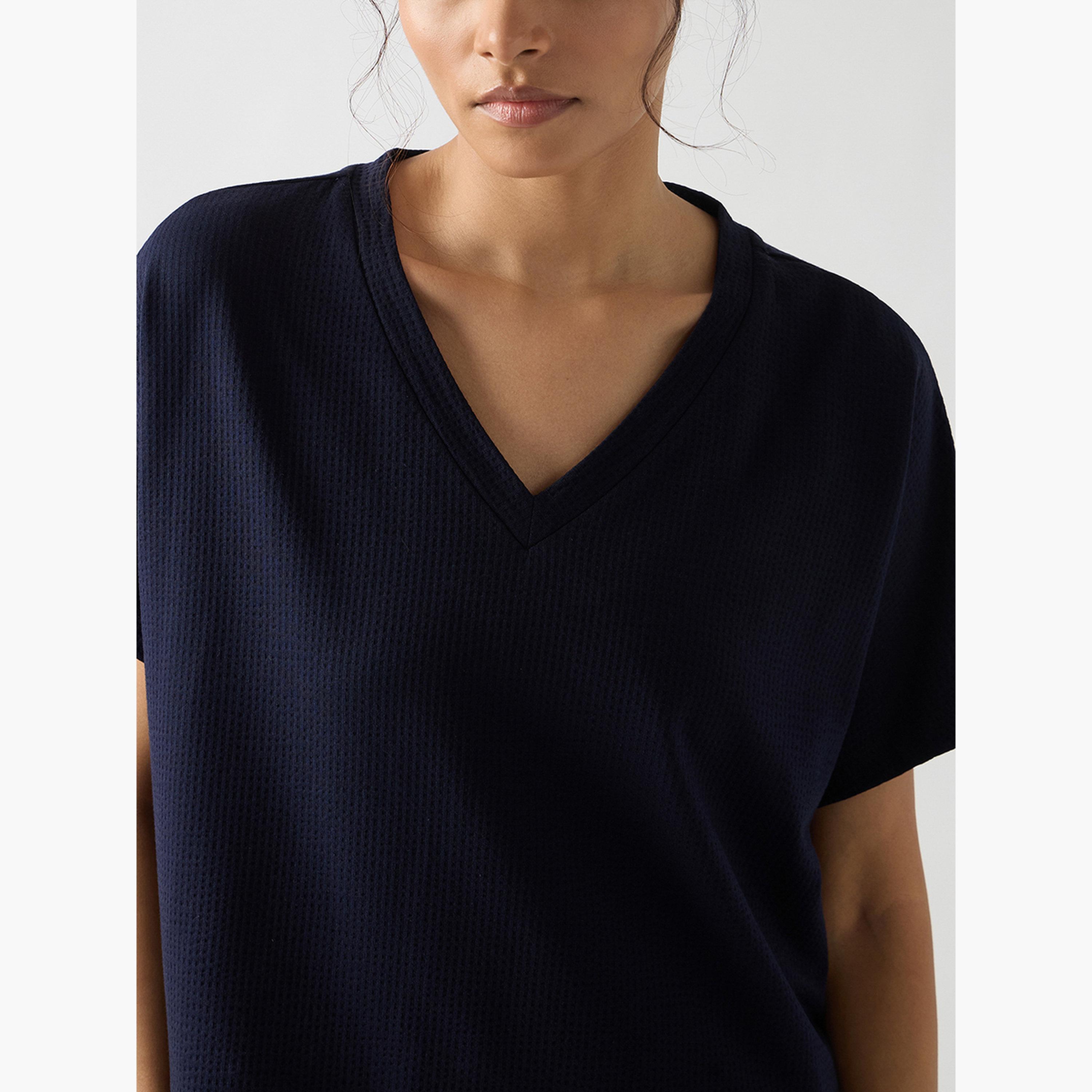 فيميلا - تي شيرت قطن محبوك بأكمام قصيرة لون أزرق داكن-women-clothing-tshirts-image-4