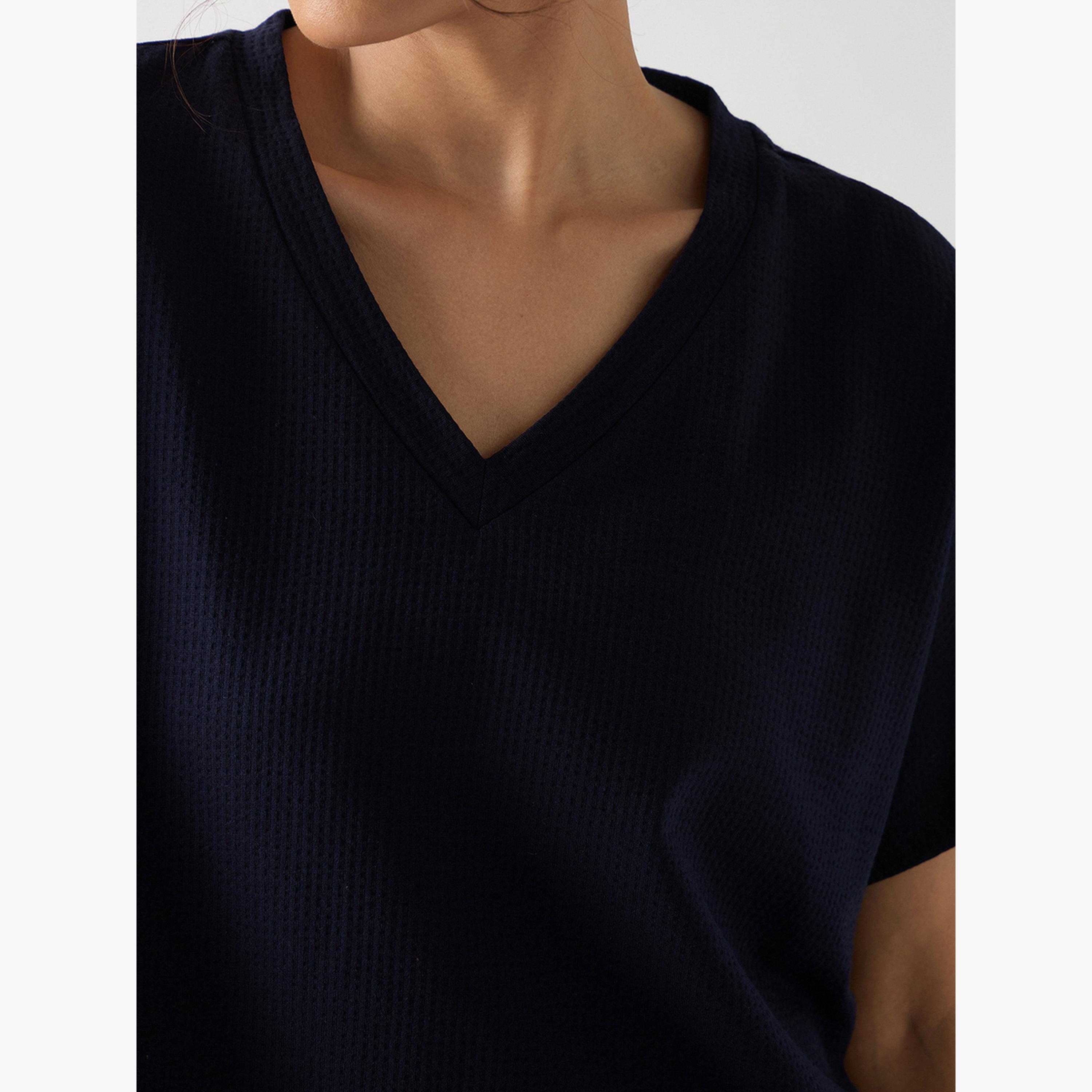 فيميلا - تي شيرت قطن محبوك بأكمام قصيرة لون أزرق داكن-women-clothing-tshirts-image-5