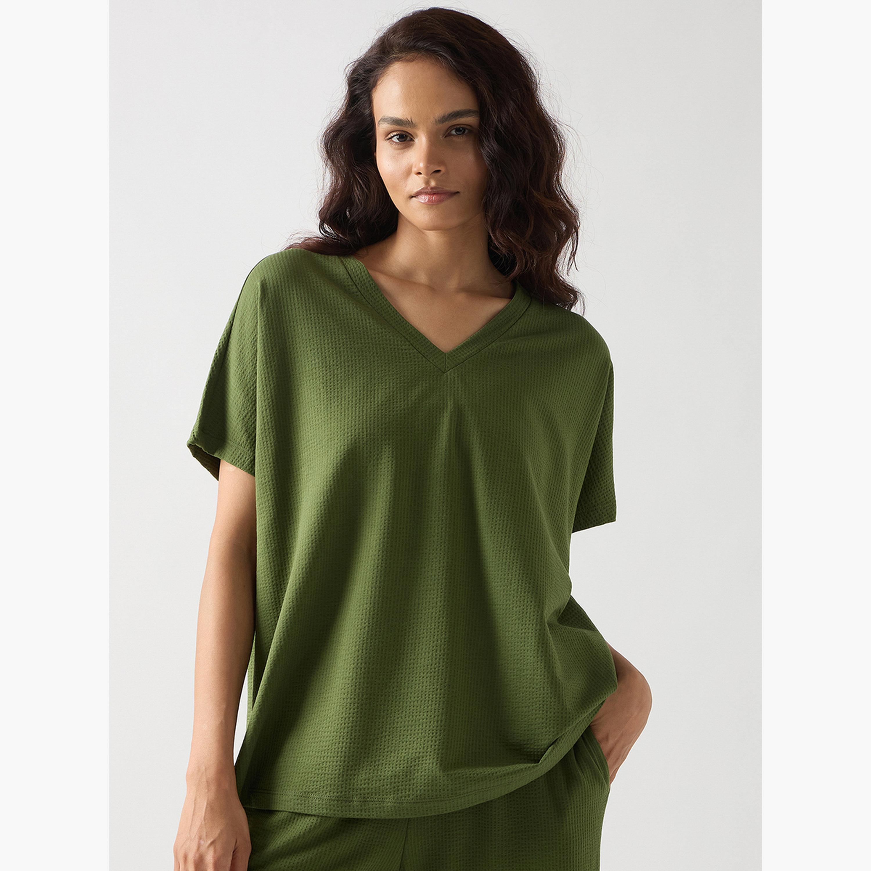 فيميلا - تي شيرت قطني أخضر بأكمام قصيرة محبوك-women-clothing-tshirts-image-1