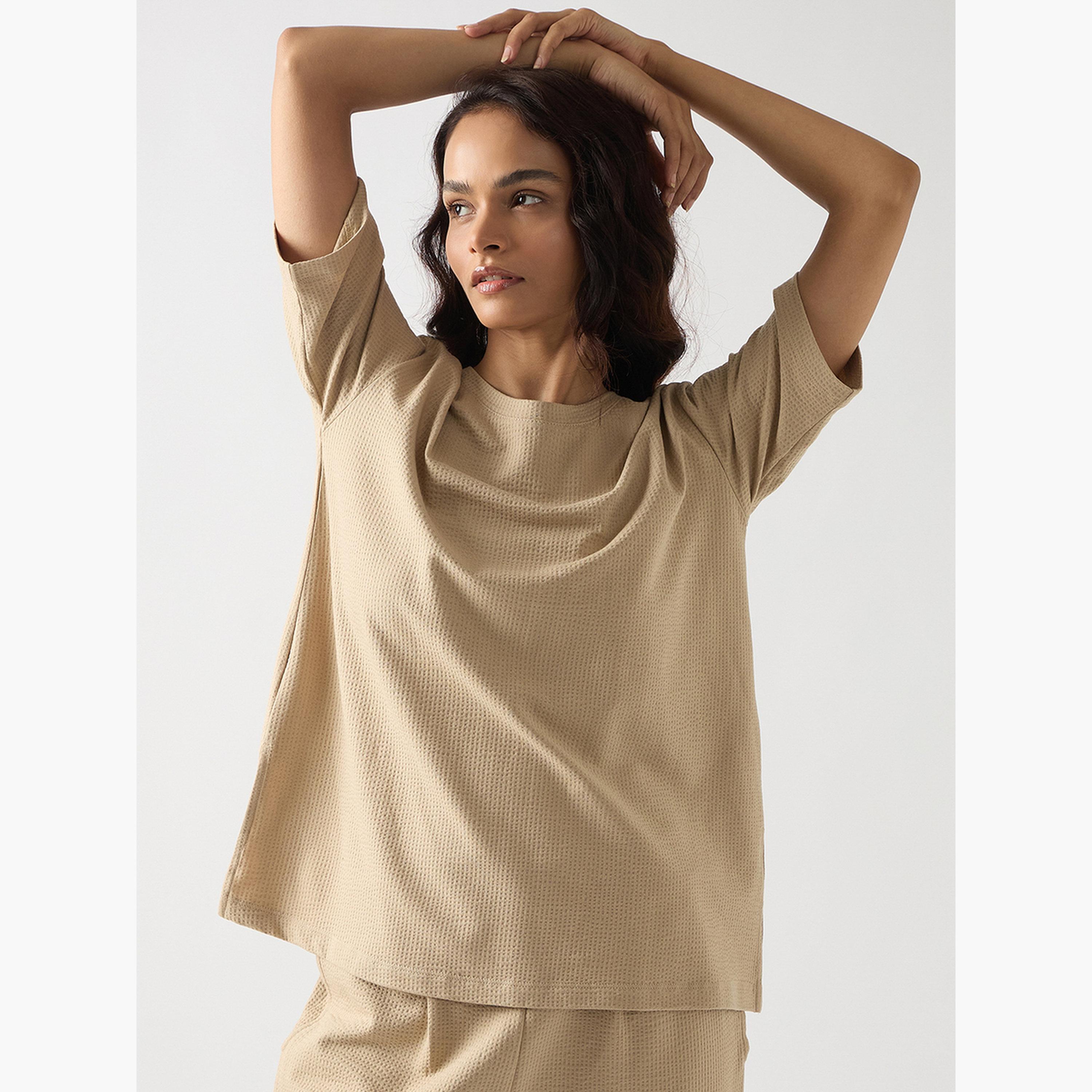 Femmella Beige Cotton Short Sleeve Knit T-Shirt-women-clothing-tshirts-image-1