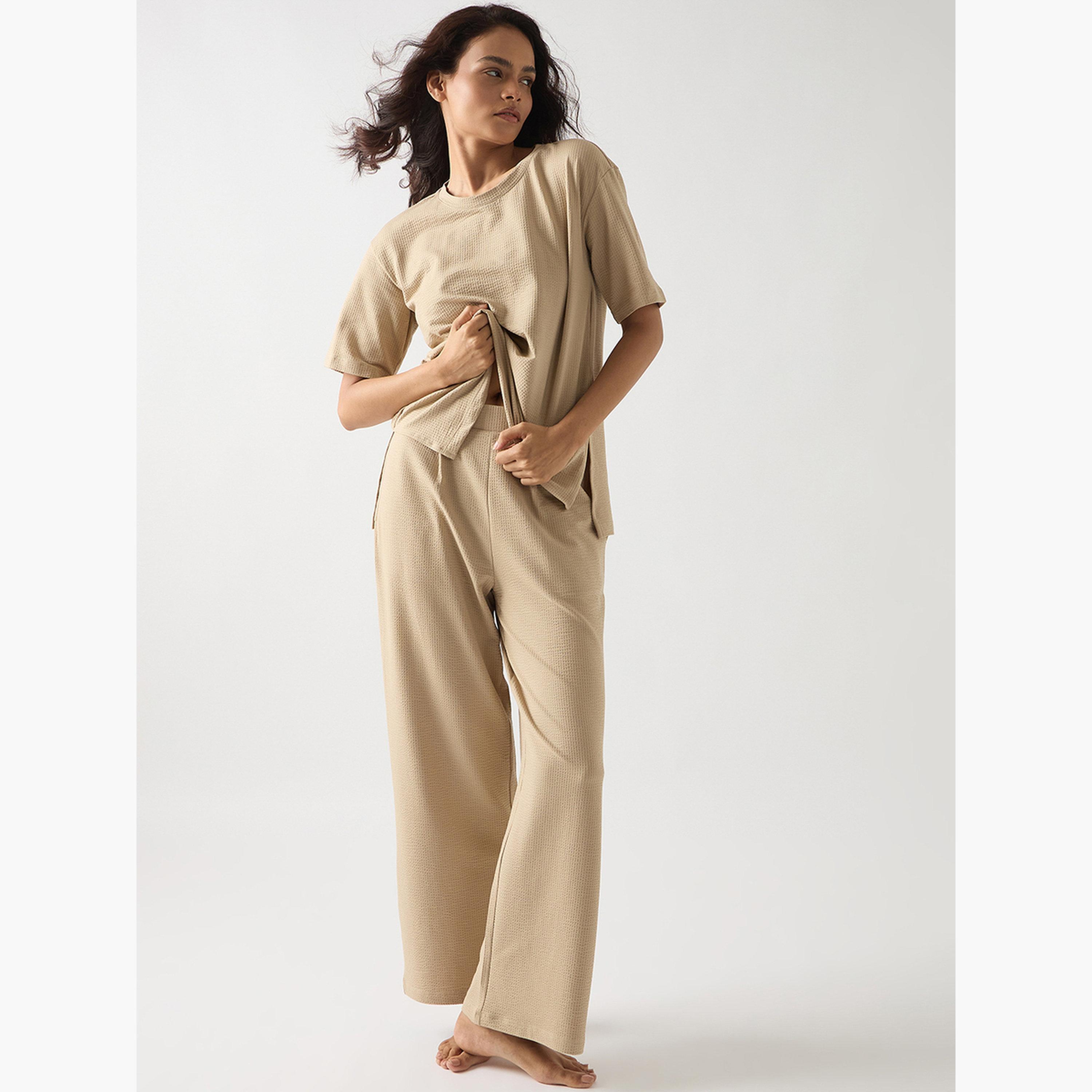 Femmella Beige Cotton Short Sleeve Knit T-Shirt-women-clothing-tshirts-image-2