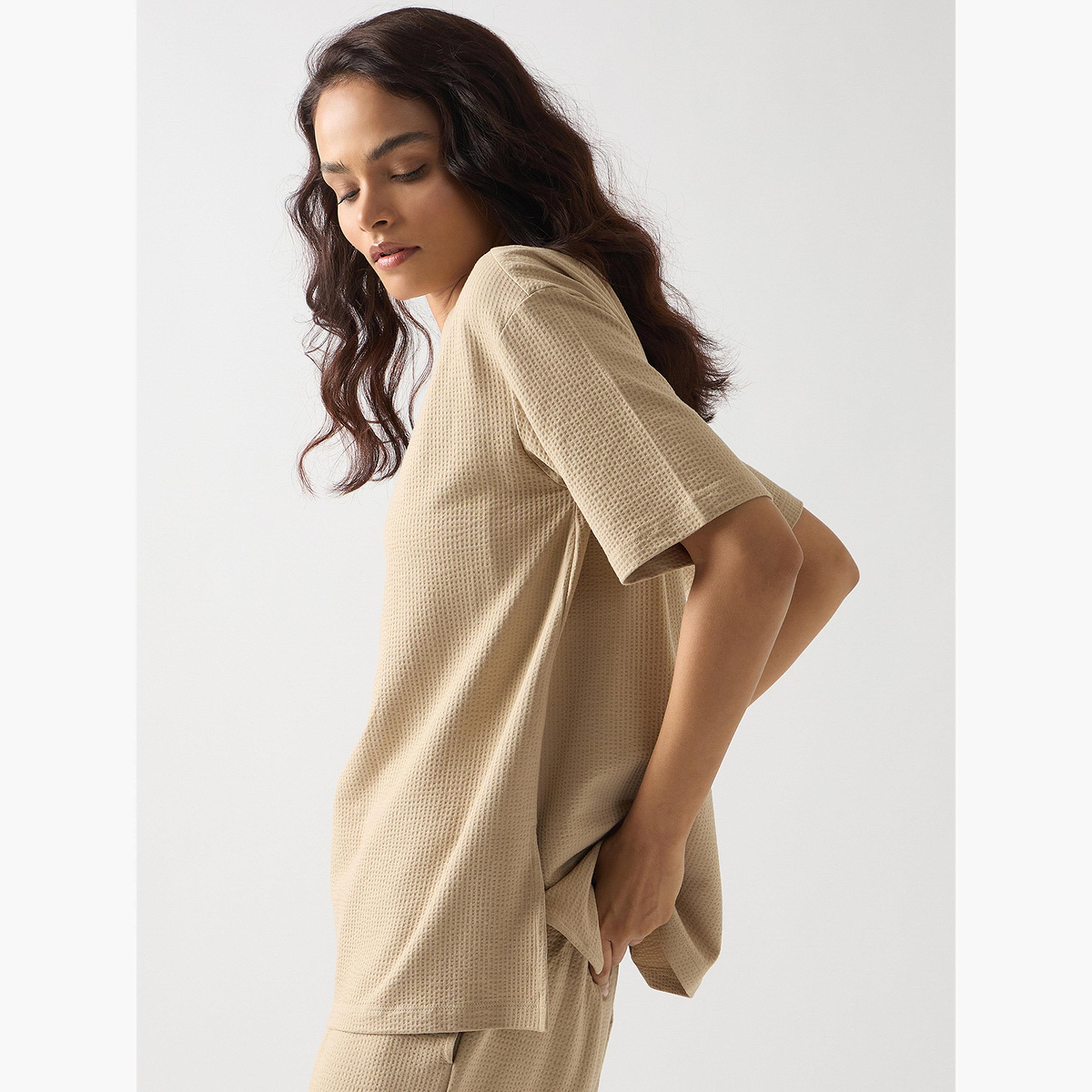 Femmella Beige Cotton Short Sleeve Knit T-Shirt-women-clothing-tshirts-image-3
