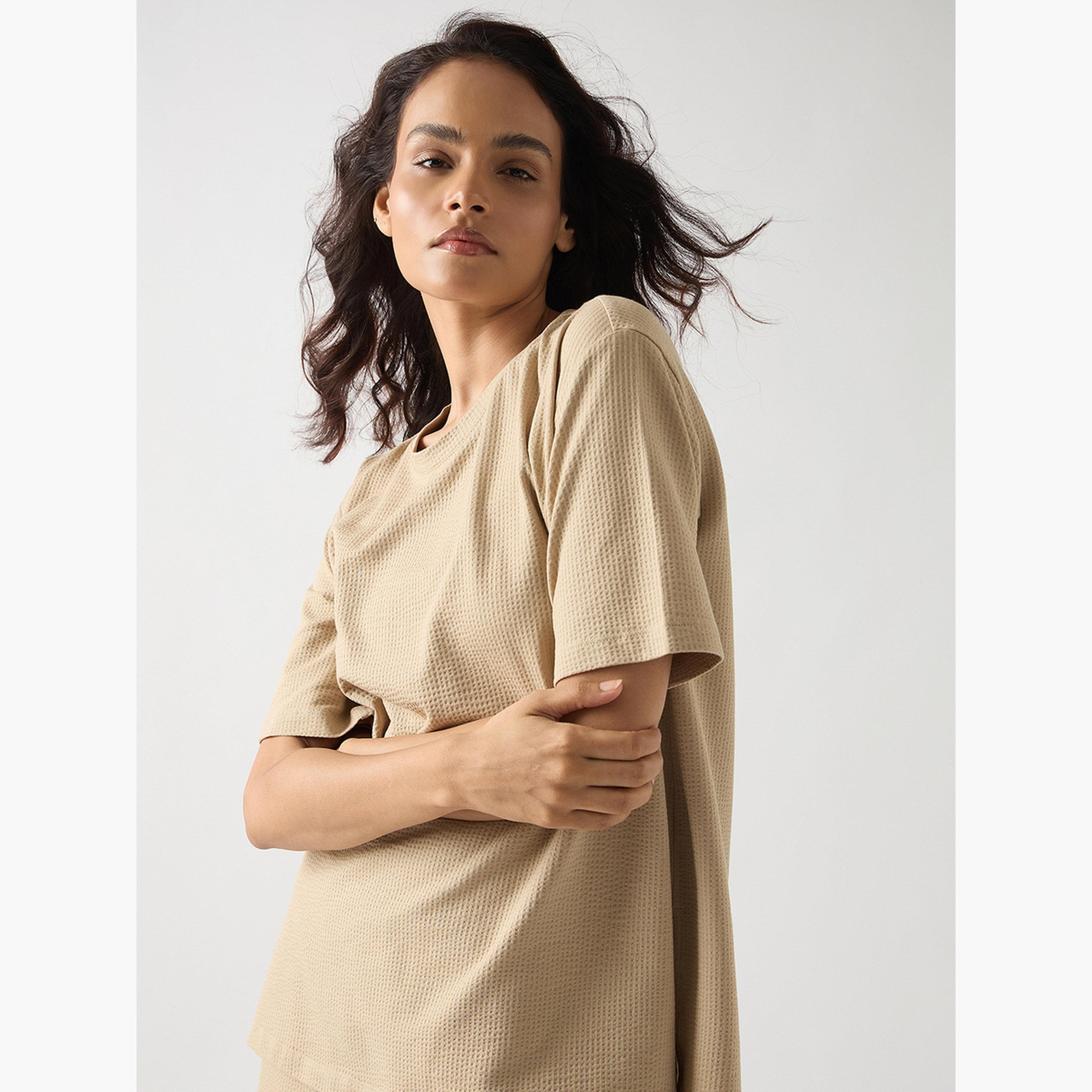 Femmella Beige Cotton Short Sleeve Knit T-Shirt-women-clothing-tshirts-image-4