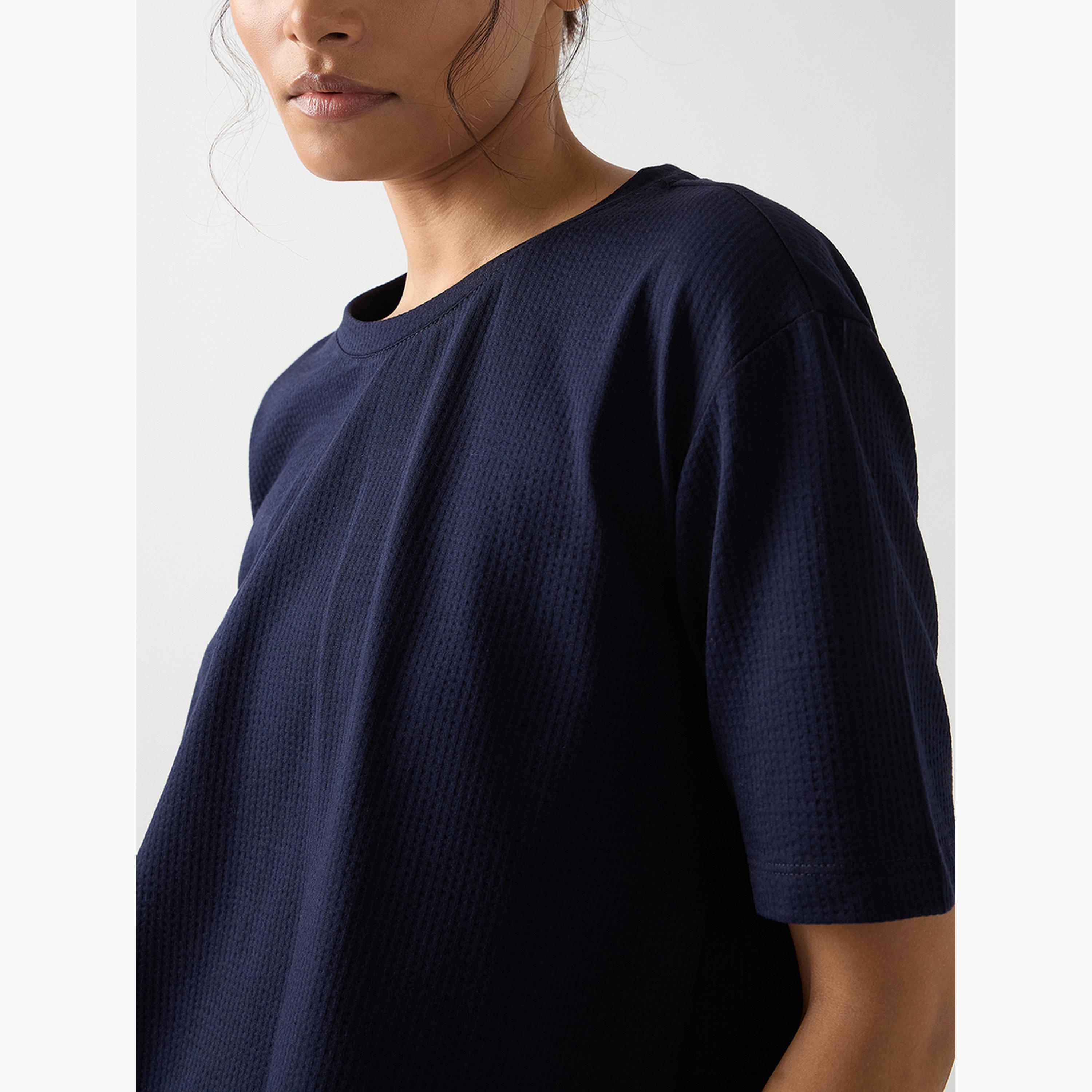 فيميلا - تي شيرت قطن محبوك بأكمام قصيرة لون أزرق داكن-women-clothing-tshirts-image-4