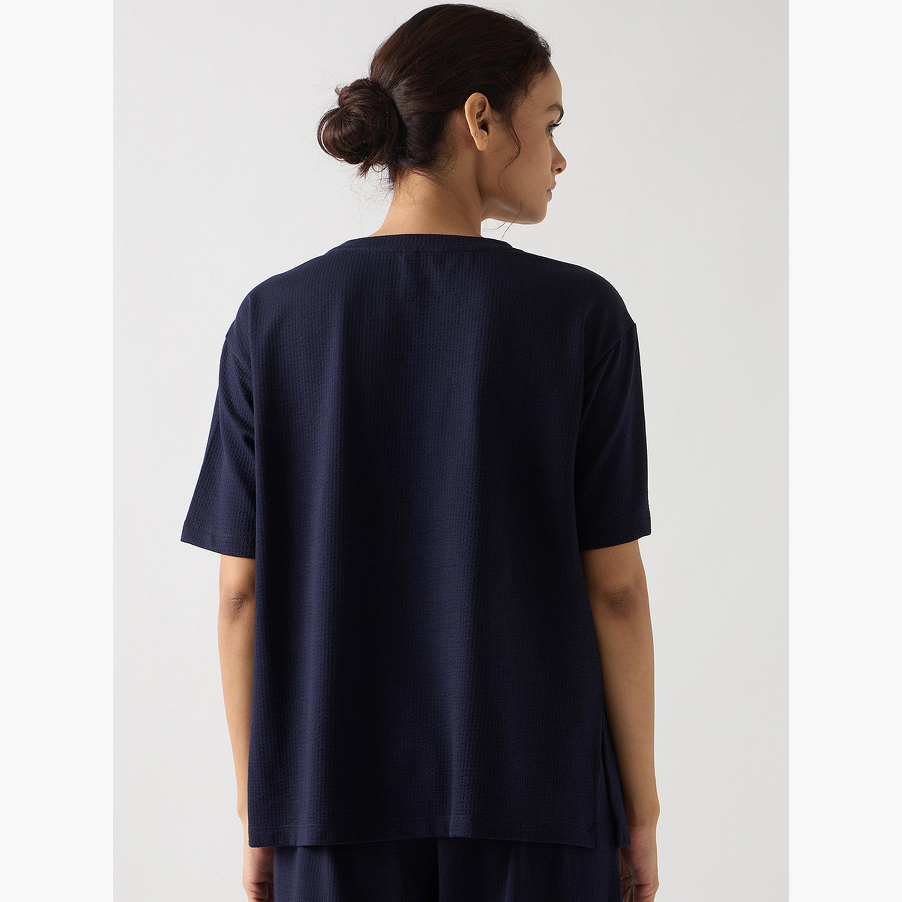 فيميلا - تي شيرت قطن محبوك بأكمام قصيرة لون أزرق داكن-women-clothing-tshirts-image-6