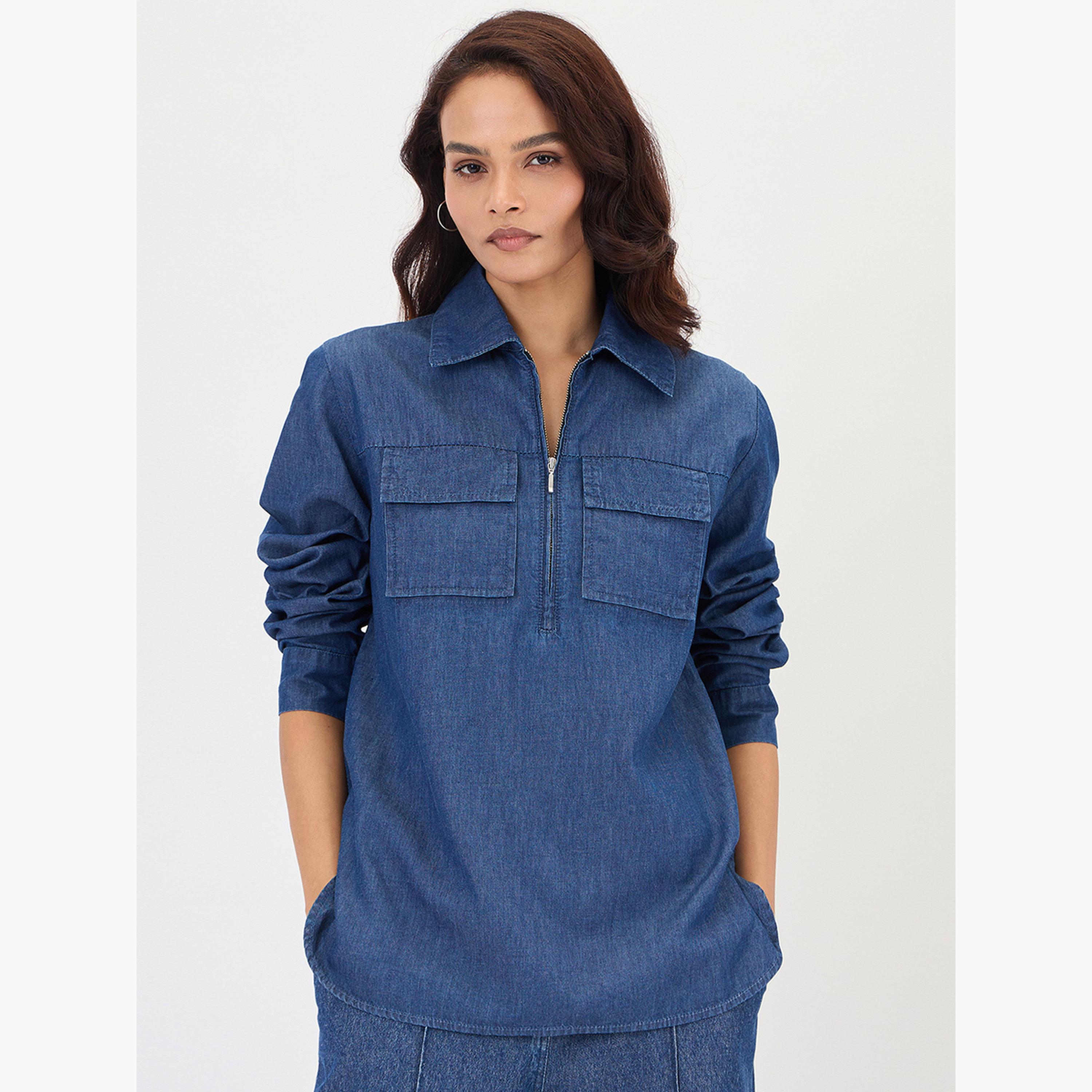 Femmella Navy Blue Half Zip Up Denim Top-women-clothing-shirtsandblouses-blouses-image-1