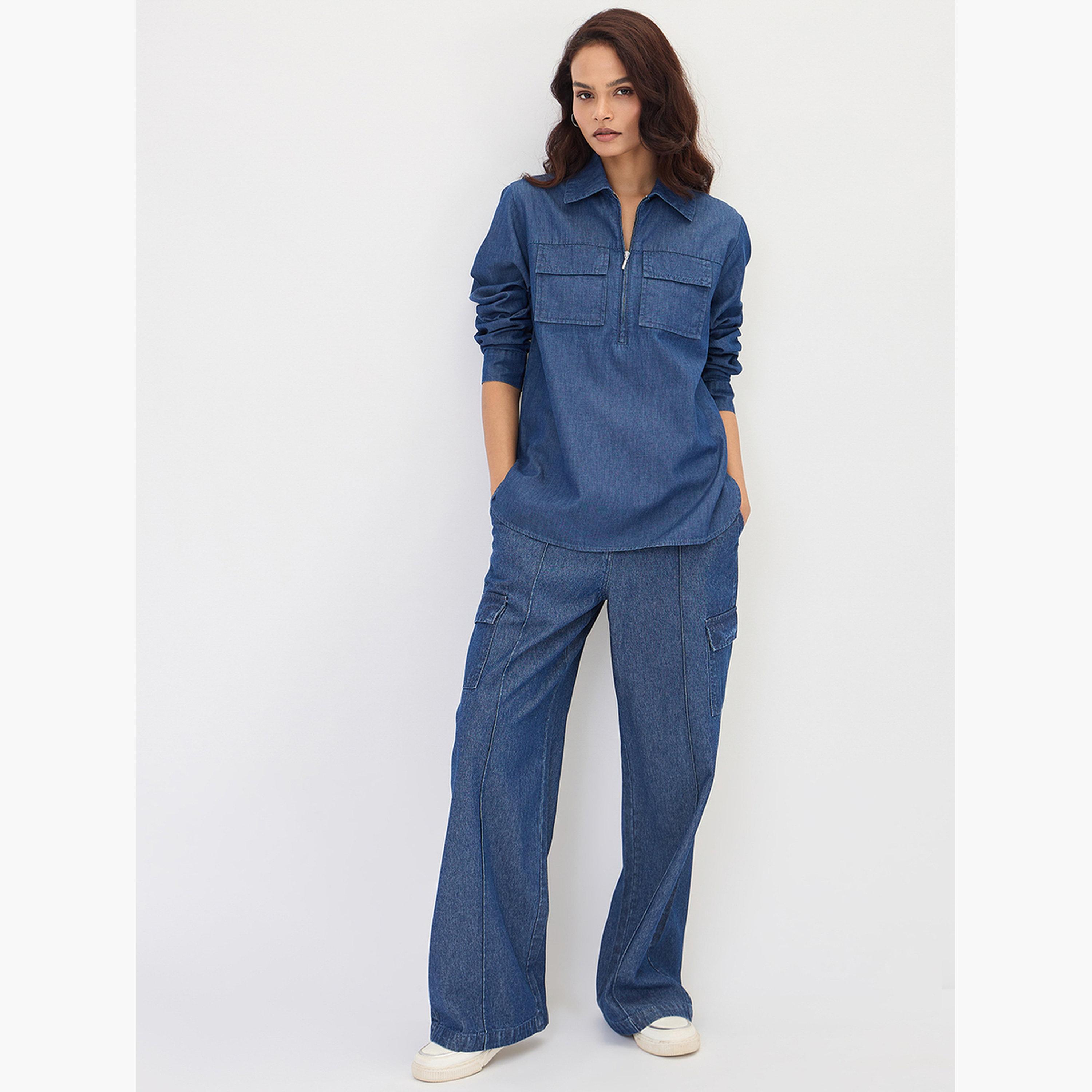 فيميلا - بلوزة جينز زرقاء داكنة بنصف سحاب-women-clothing-shirtsandblouses-blouses-image-2