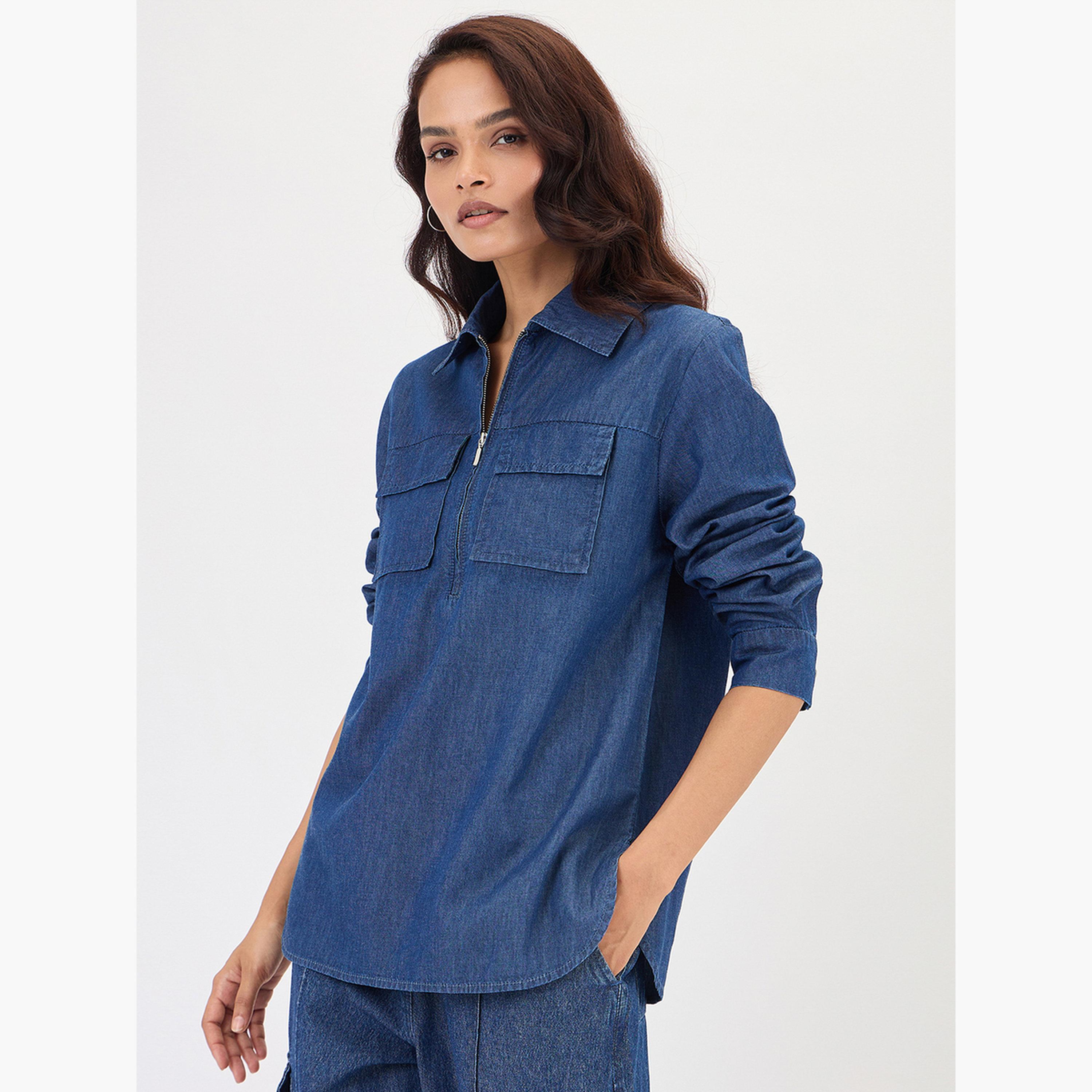 فيميلا - بلوزة جينز زرقاء داكنة بنصف سحاب-women-clothing-shirtsandblouses-blouses-image-3