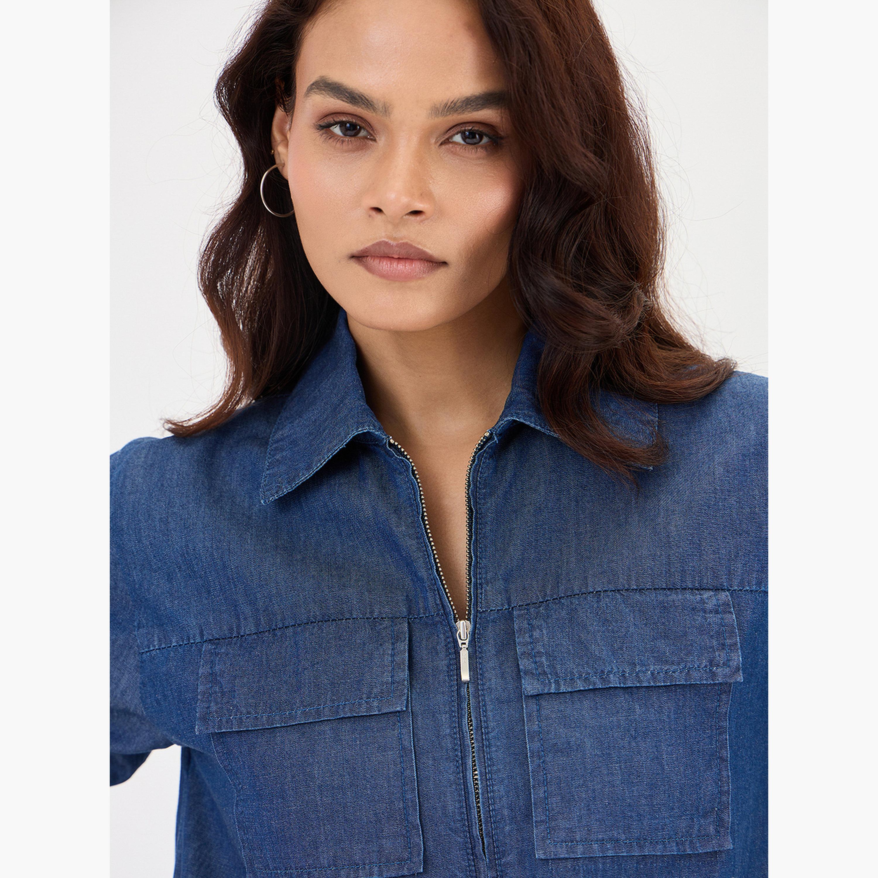 فيميلا - بلوزة جينز زرقاء داكنة بنصف سحاب-women-clothing-shirtsandblouses-blouses-image-4