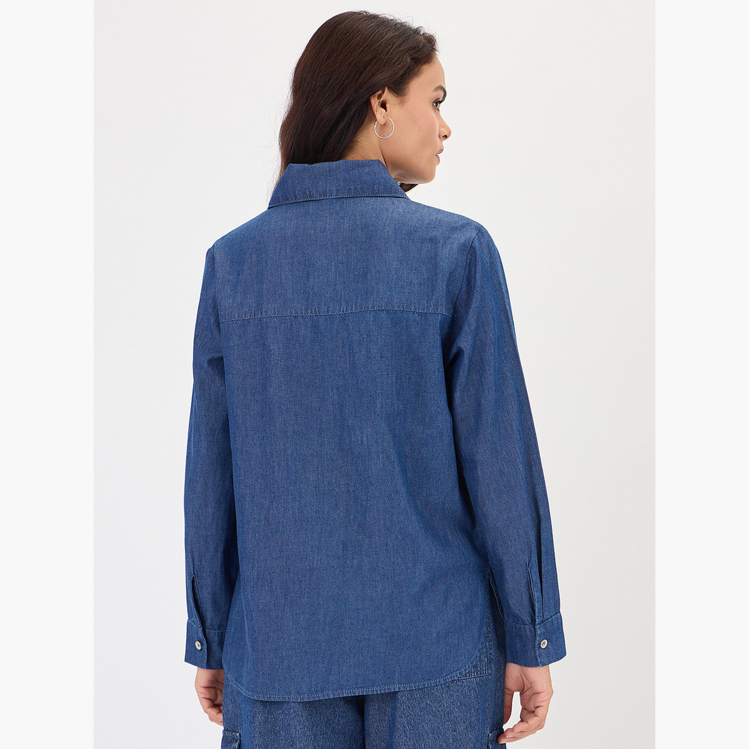 Femmella Navy Blue Half Zip Up Denim Top-women-clothing-shirtsandblouses-blouses-image-6
