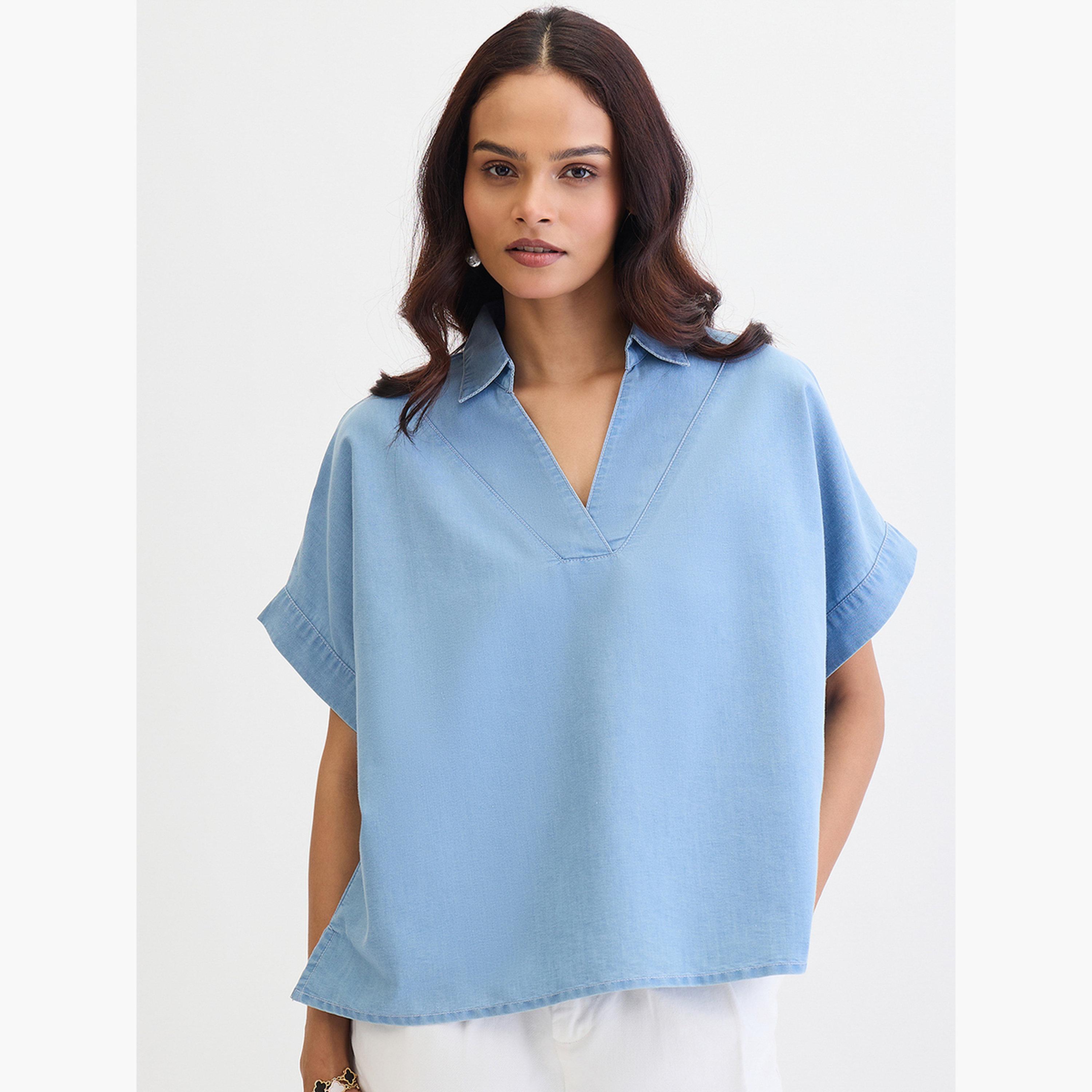 Femmella Blue Denim V-Neck Short Sleeve Top-women-clothing-shirtsandblouses-blouses-image-1