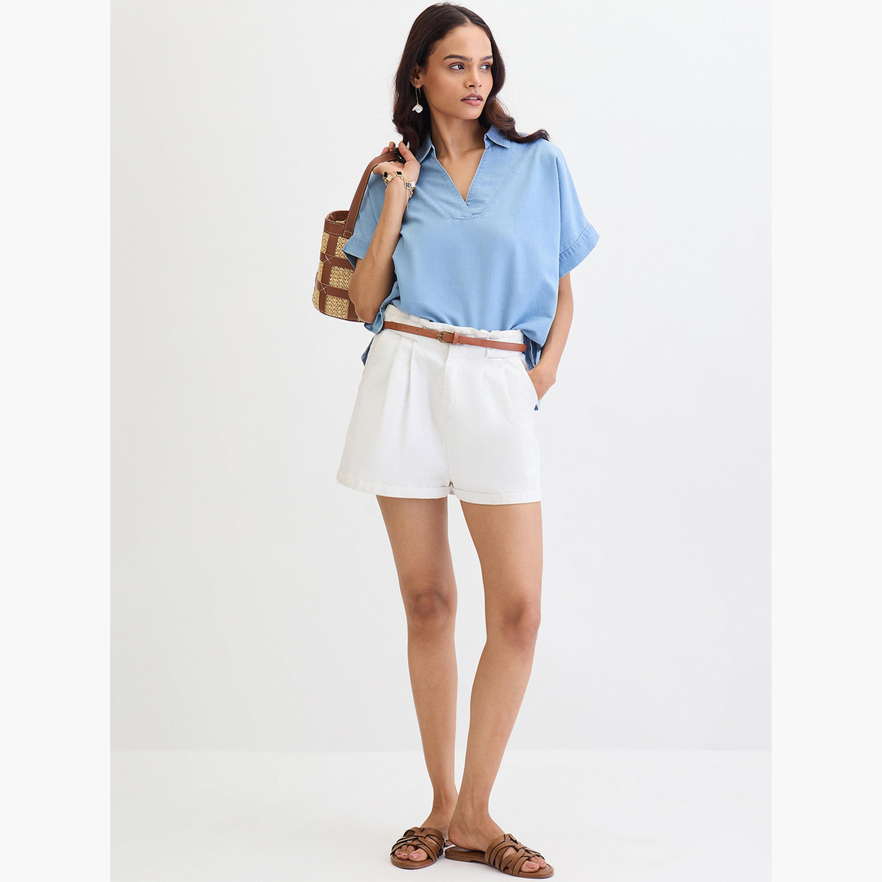 Femmella Blue Denim V-Neck Short Sleeve Top-women-clothing-shirtsandblouses-blouses-image-2