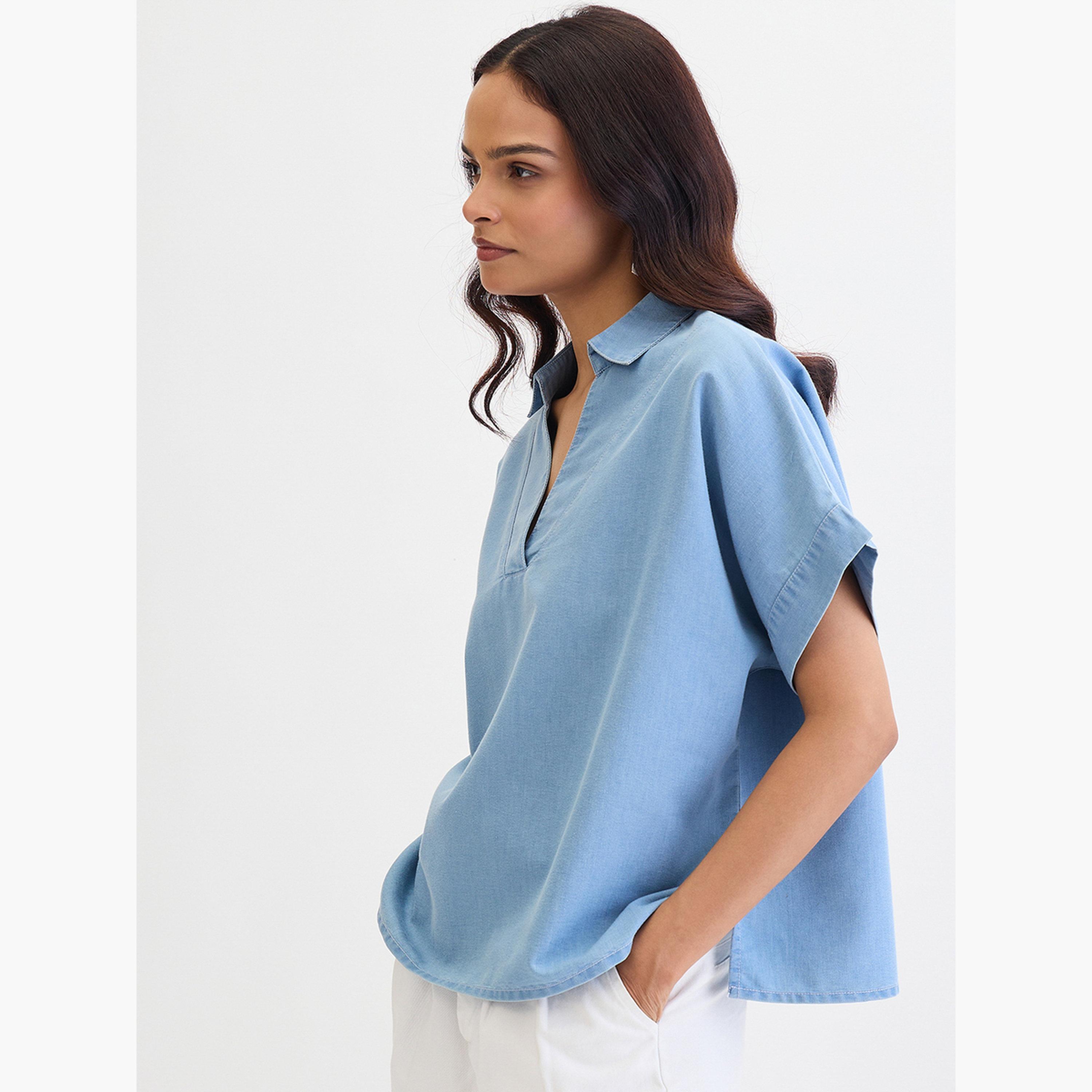 Femmella Blue Denim V-Neck Short Sleeve Top-women-clothing-shirtsandblouses-blouses-image-3