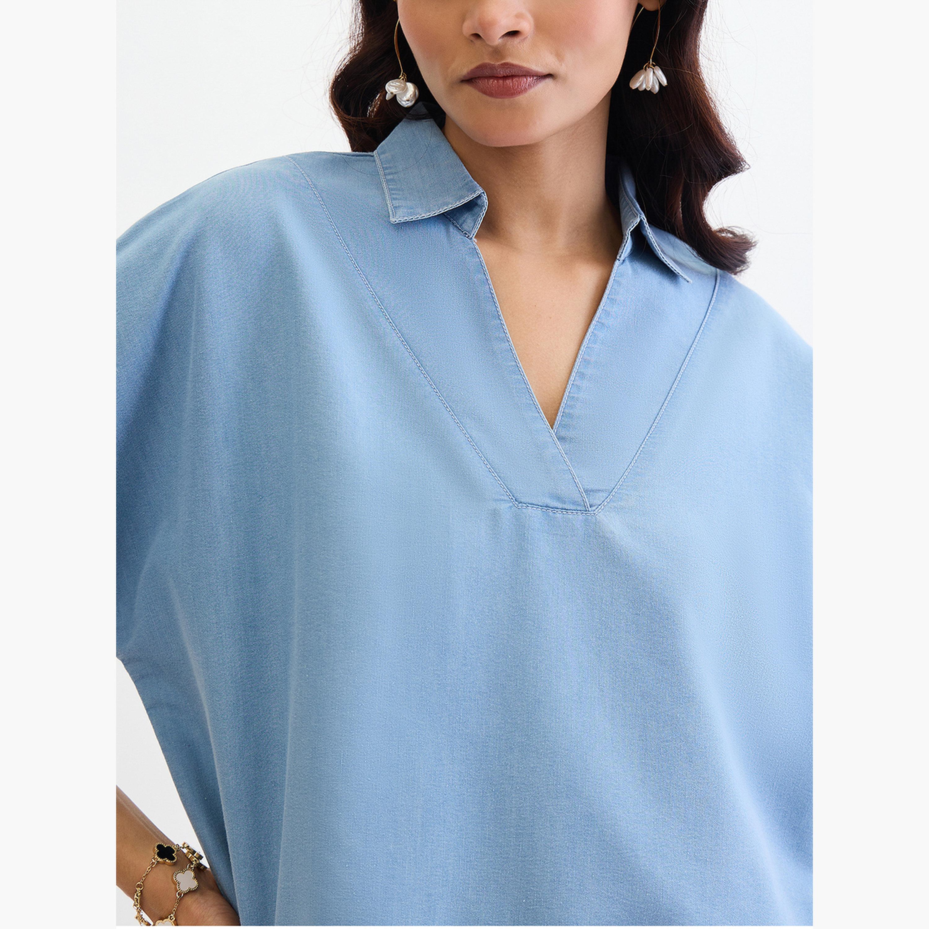 Femmella Blue Denim V-Neck Short Sleeve Top-women-clothing-shirtsandblouses-blouses-image-4