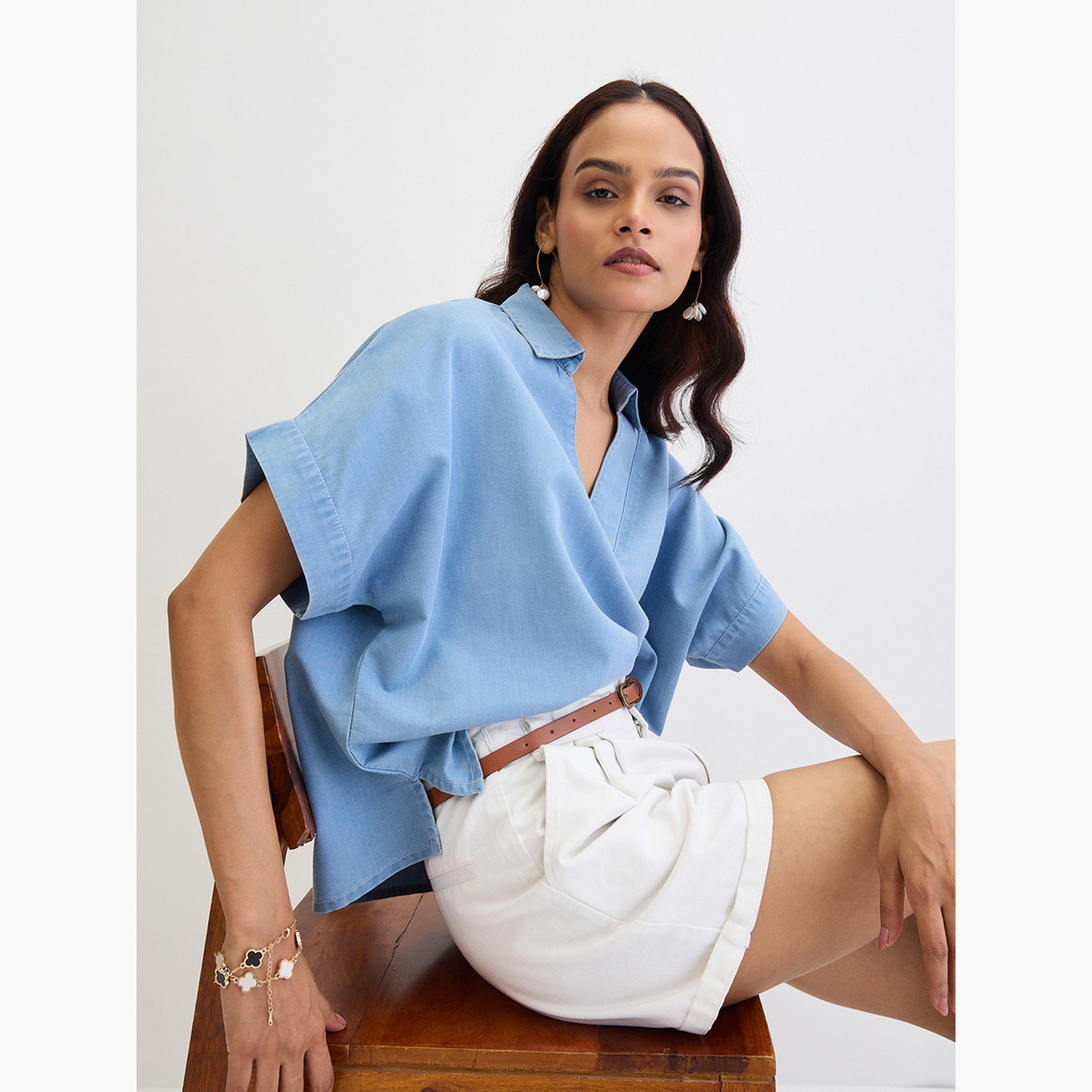 Femmella Blue Denim V-Neck Short Sleeve Top-women-clothing-shirtsandblouses-blouses-image-5