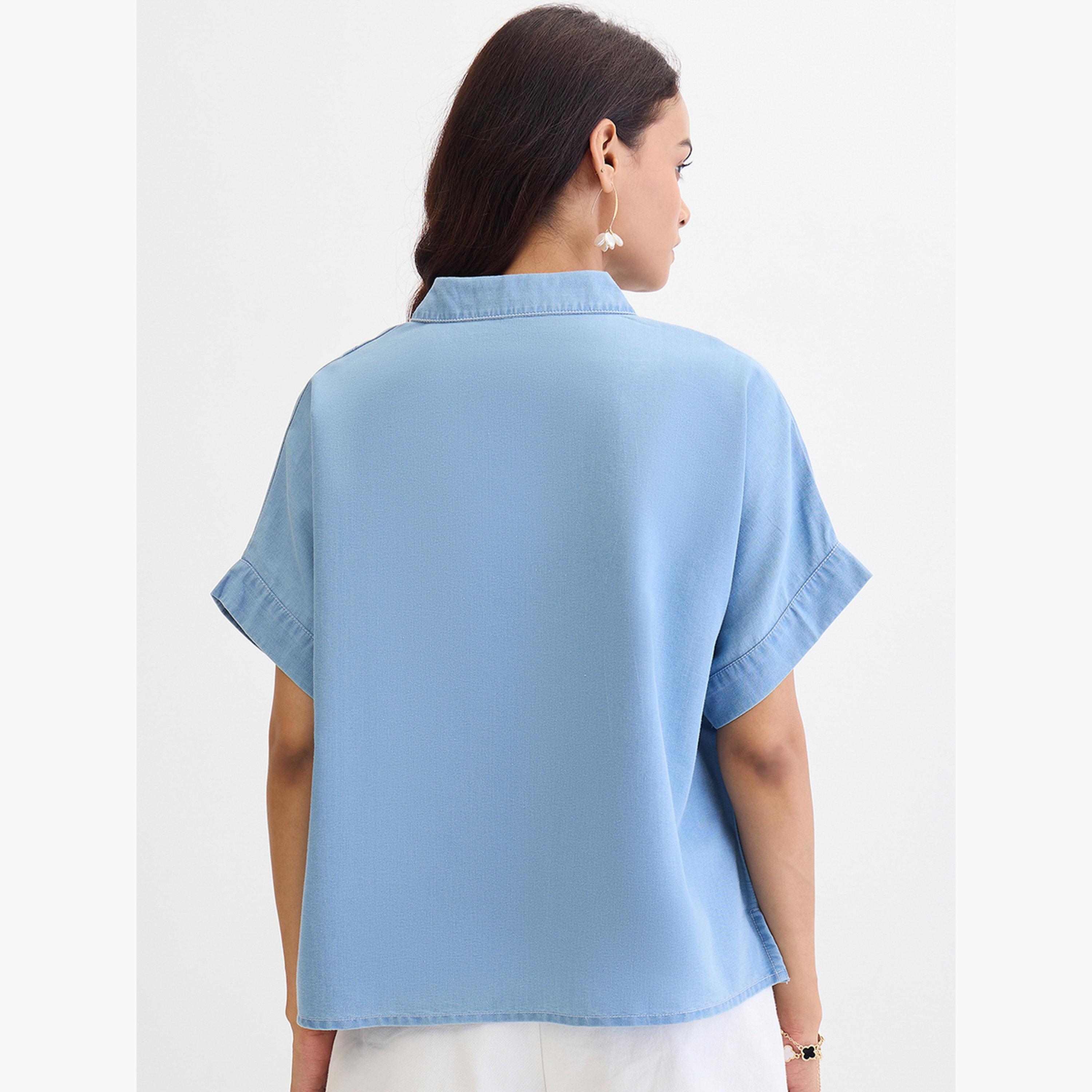 Femmella Blue Denim V-Neck Short Sleeve Top-women-clothing-shirtsandblouses-blouses-image-6