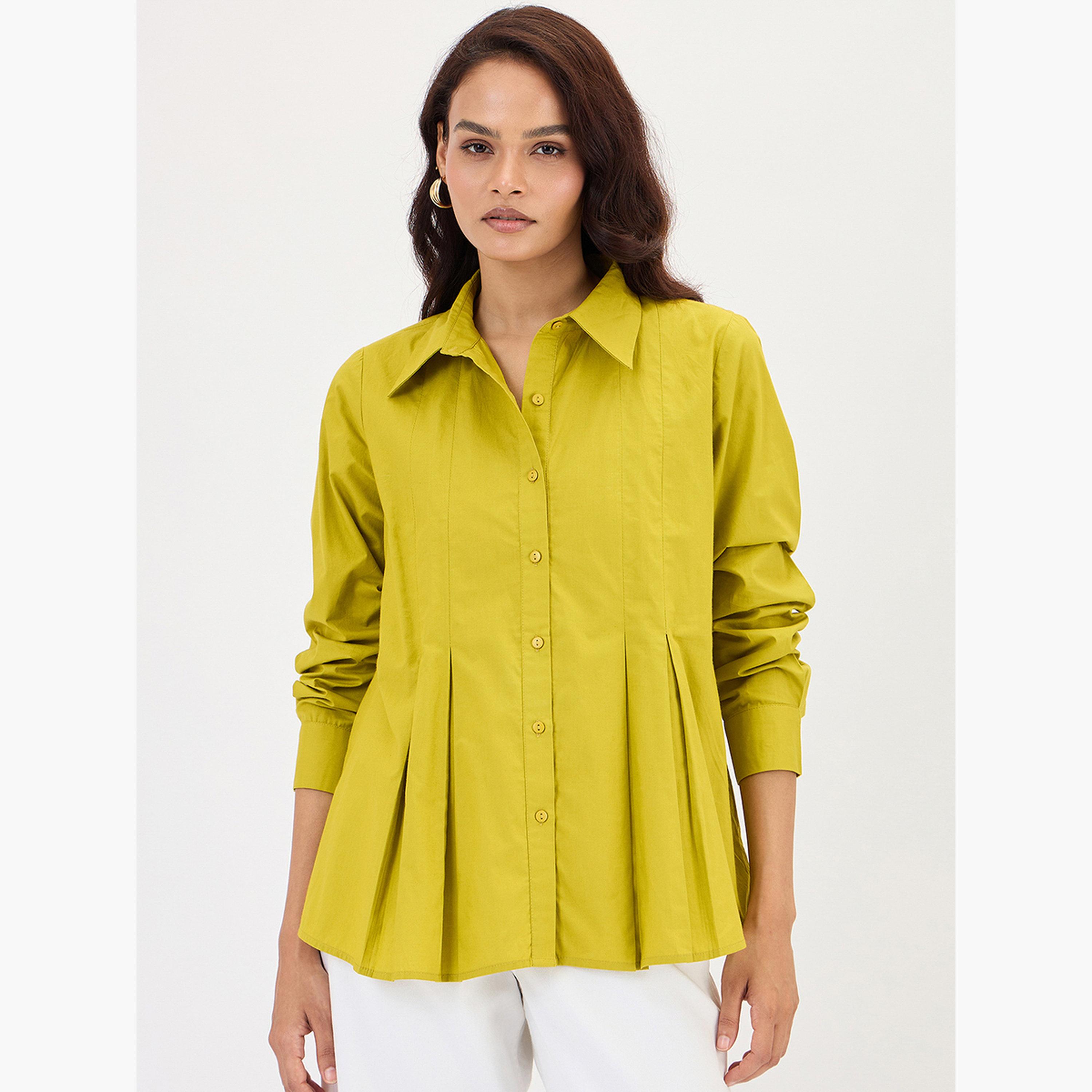 Femmella Citrine Green Poplin Pleated A-Line Shirt-women-clothing-shirtsandblouses-shirts-image-1