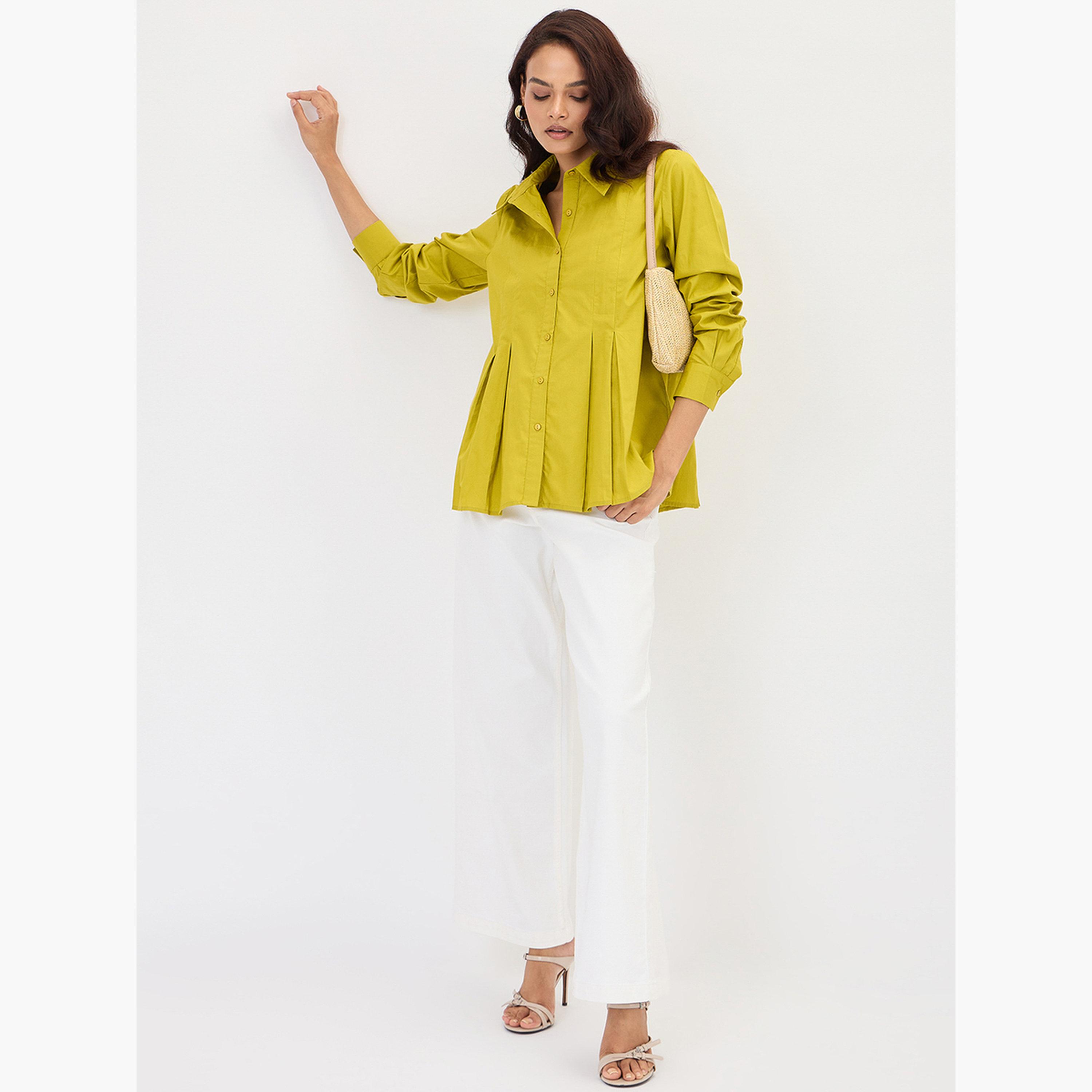 Femmella Citrine Green Poplin Pleated A-Line Shirt-women-clothing-shirtsandblouses-shirts-image-2