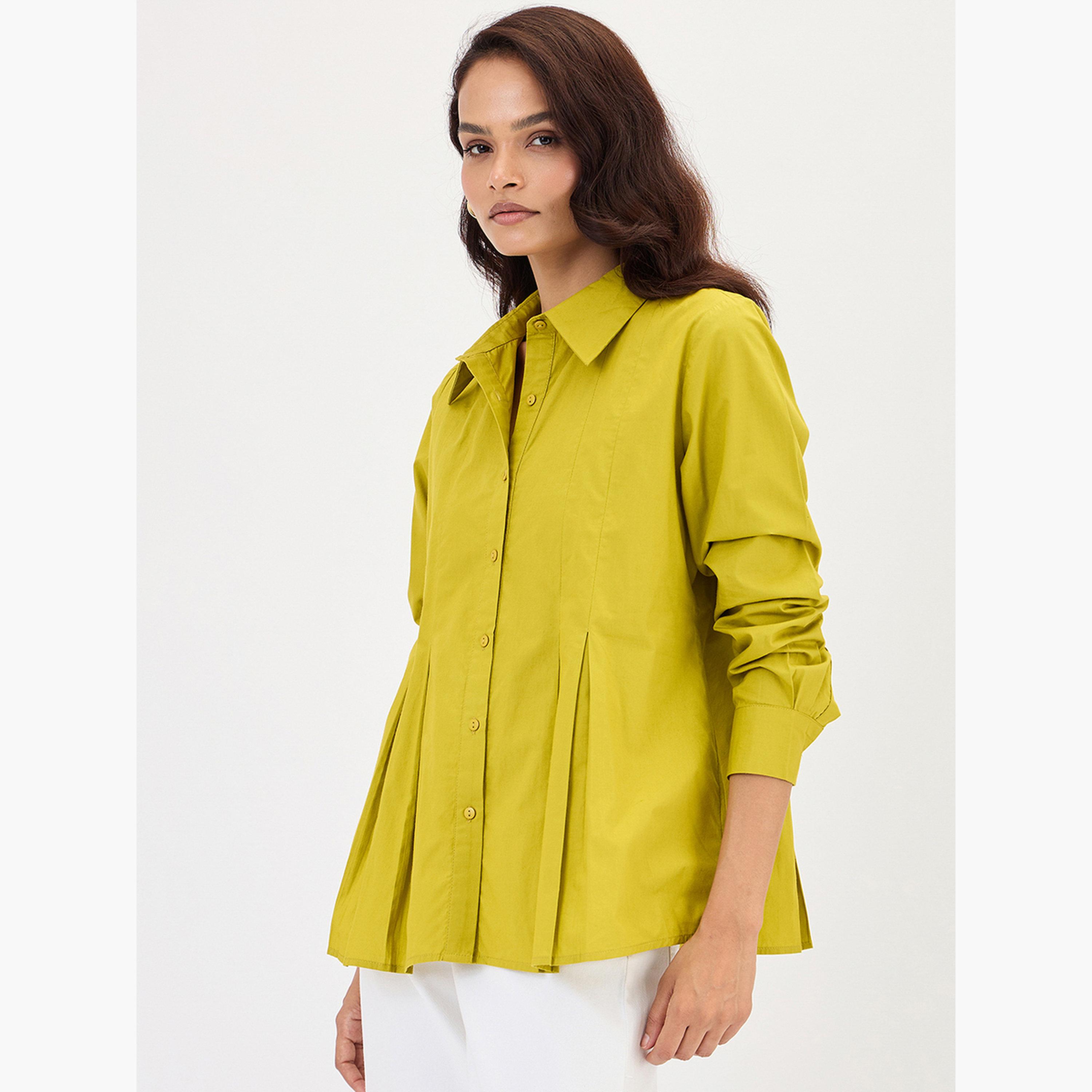 Femmella Citrine Green Poplin Pleated A-Line Shirt-women-clothing-shirtsandblouses-shirts-image-3