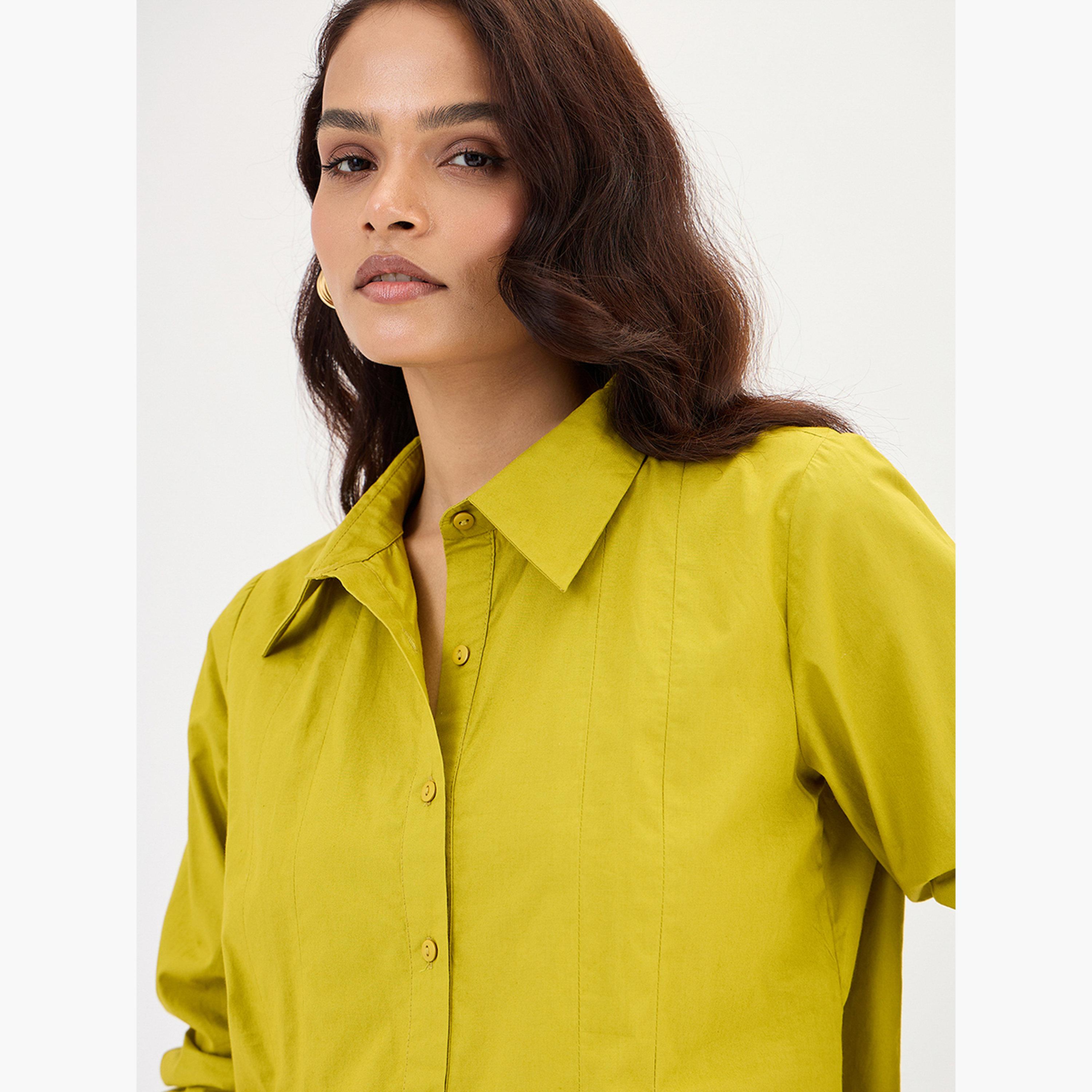 Femmella Citrine Green Poplin Pleated A-Line Shirt-women-clothing-shirtsandblouses-shirts-image-4