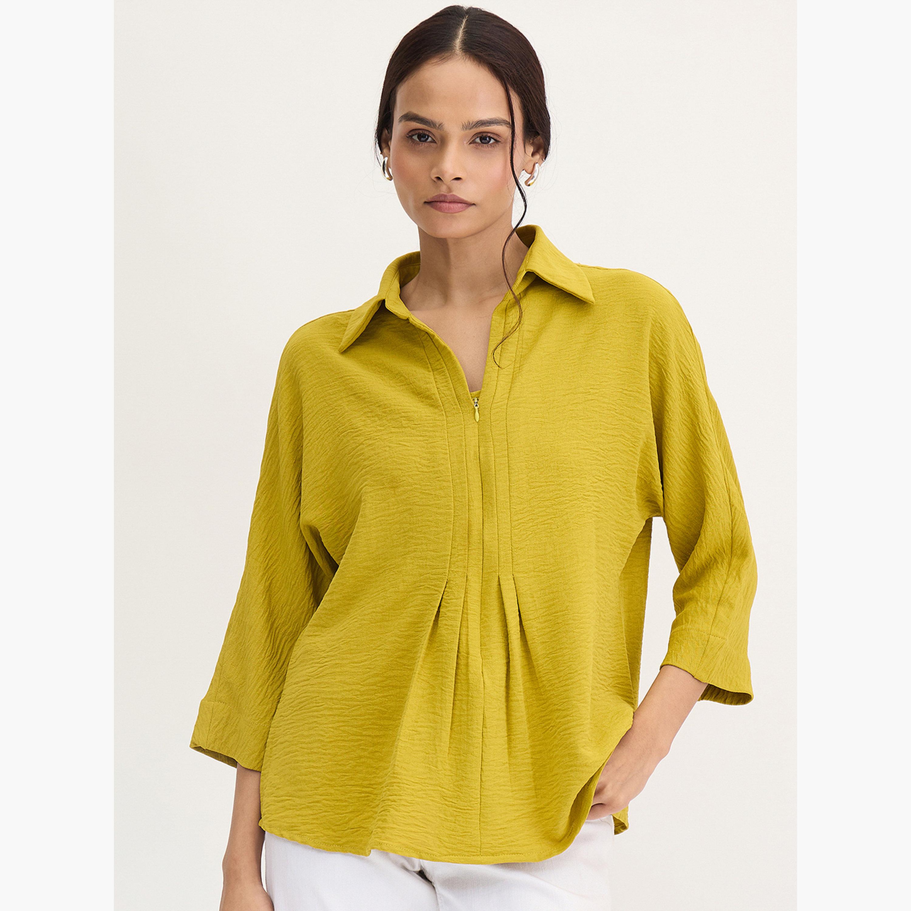 فيميلا - بلوزة مطوية لون أخضر سترين بأكمام ثلاثة أرباع-women-clothing-shirtsandblouses-blouses-image-1