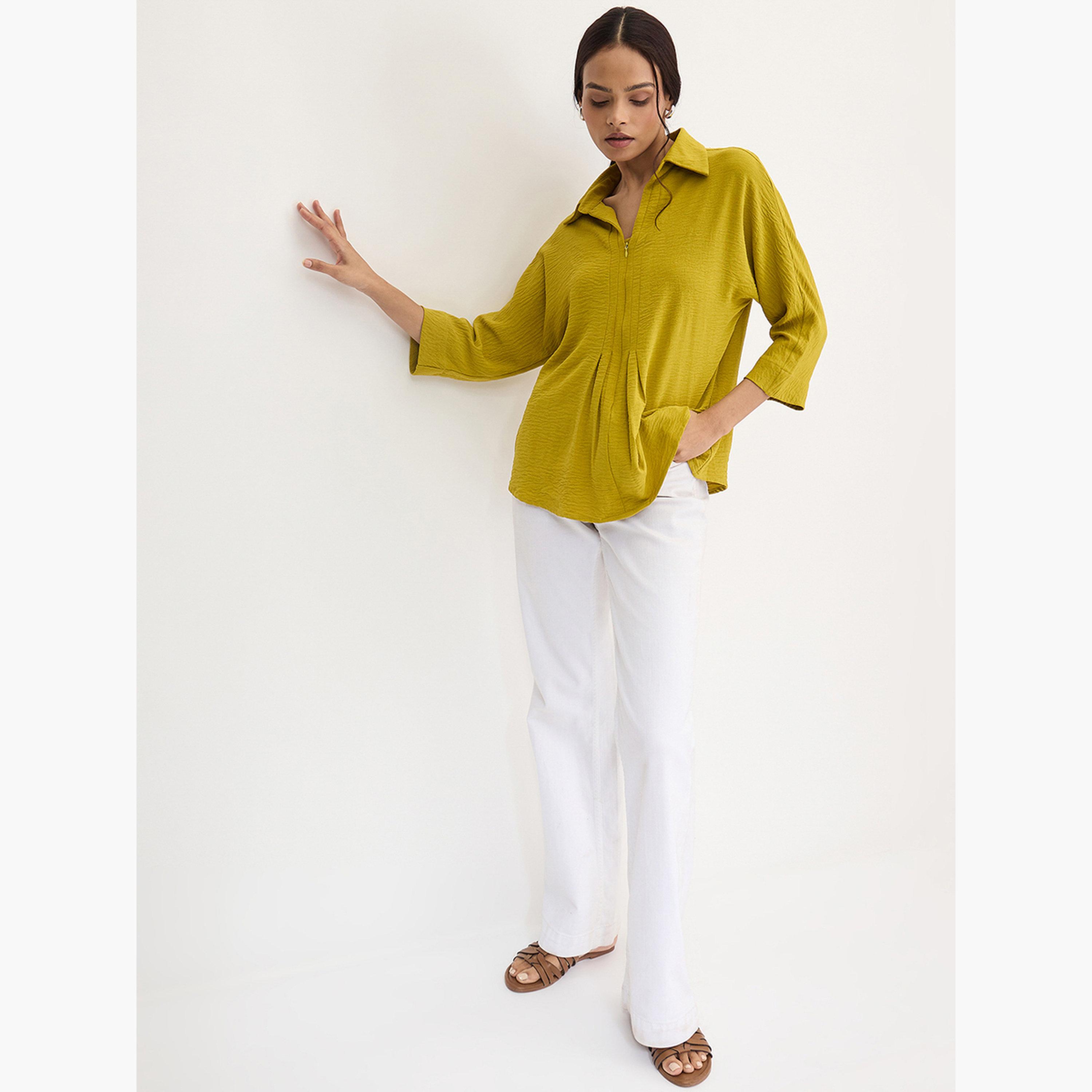 Femmella Citrine Green Pleat Detail Top with 3/4 Sleeves-women-clothing-shirtsandblouses-blouses-image-2