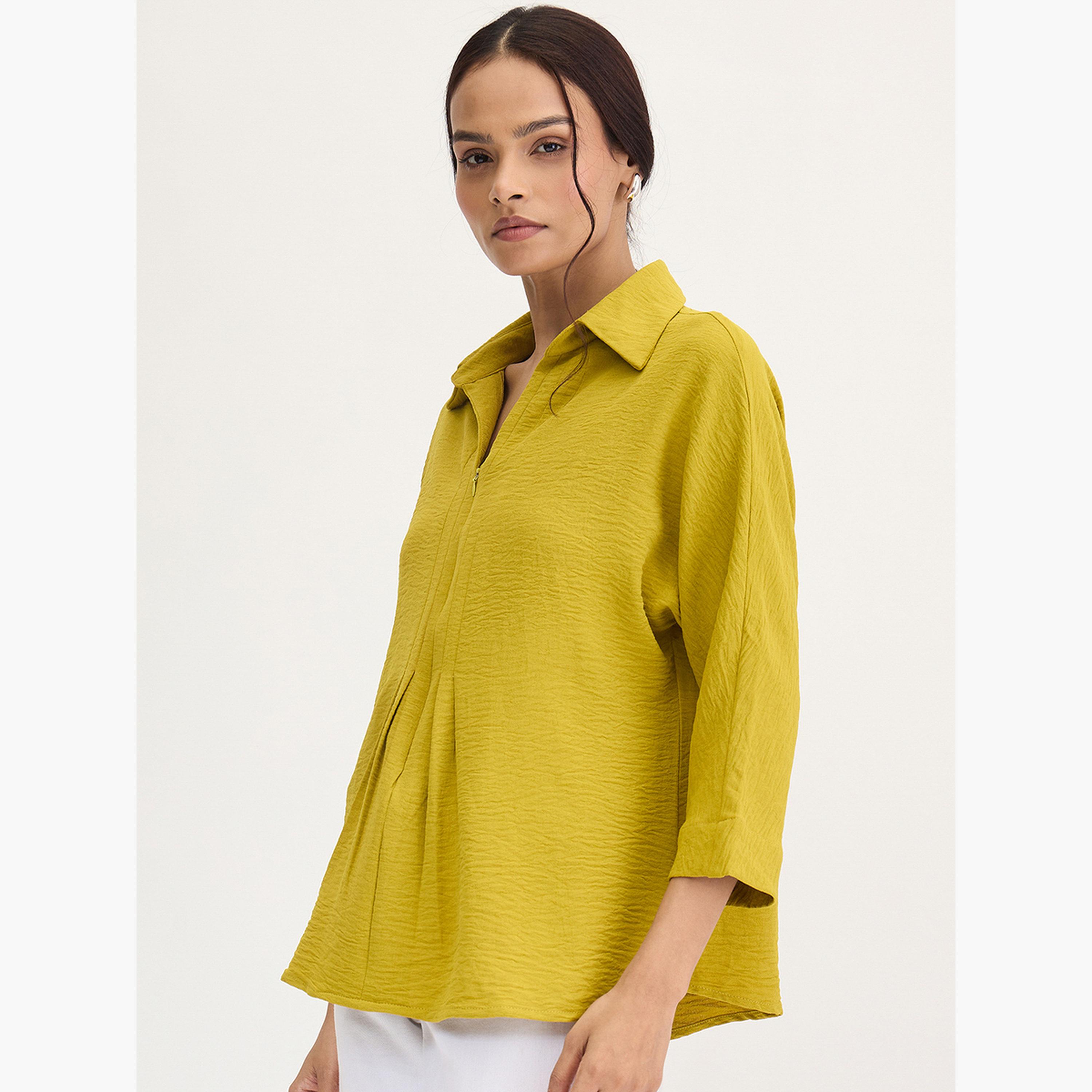 فيميلا - بلوزة مطوية لون أخضر سترين بأكمام ثلاثة أرباع-women-clothing-shirtsandblouses-blouses-image-3