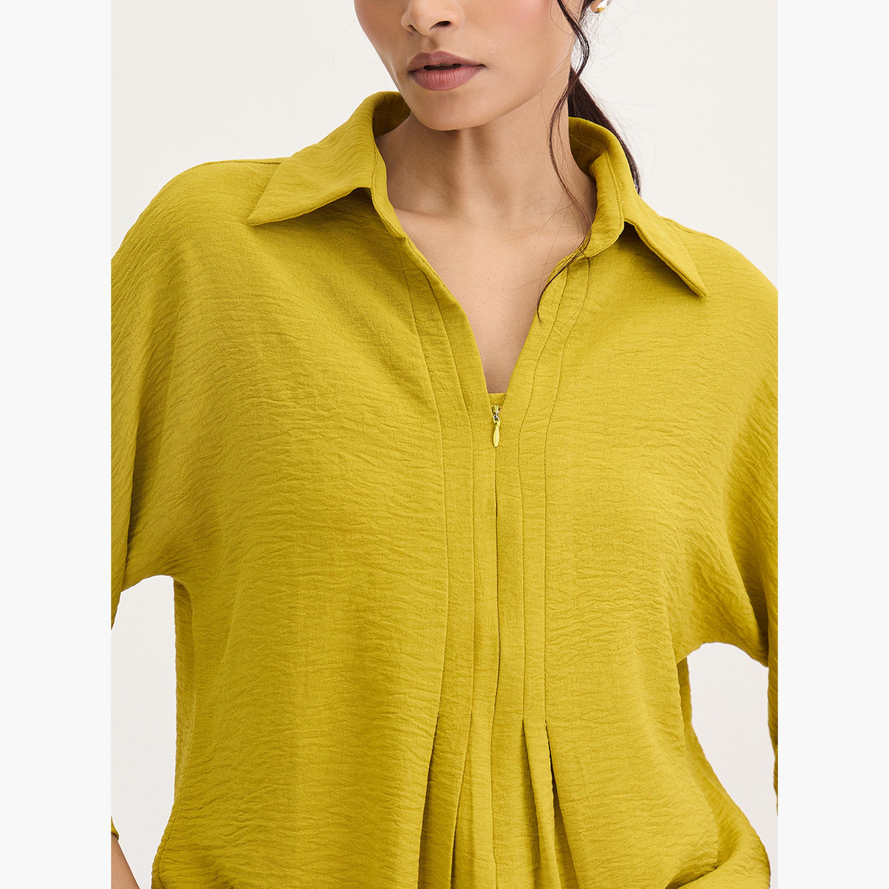 Femmella Citrine Green Pleat Detail Top with 3/4 Sleeves-women-clothing-shirtsandblouses-blouses-image-4