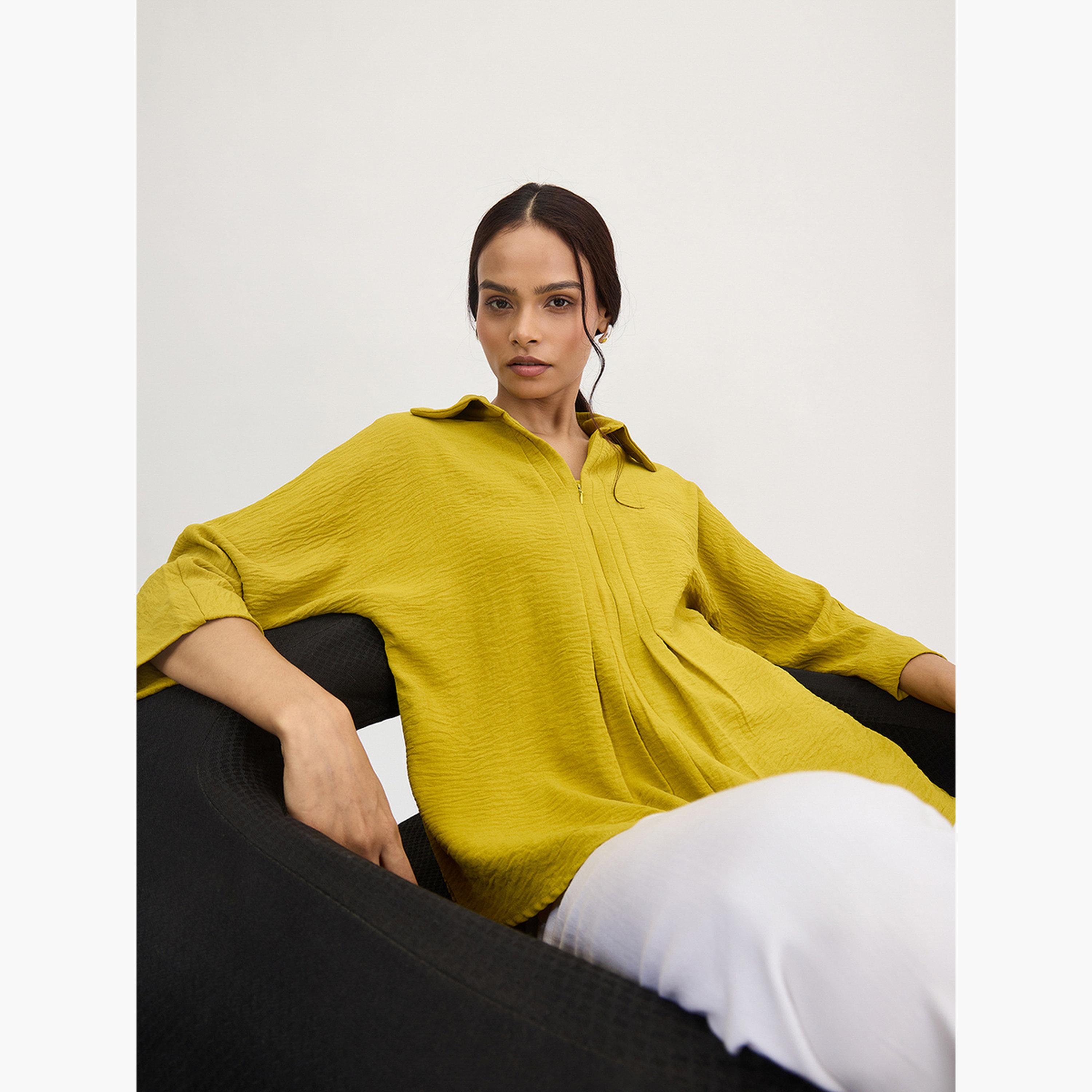 فيميلا - بلوزة مطوية لون أخضر سترين بأكمام ثلاثة أرباع-women-clothing-shirtsandblouses-blouses-image-5