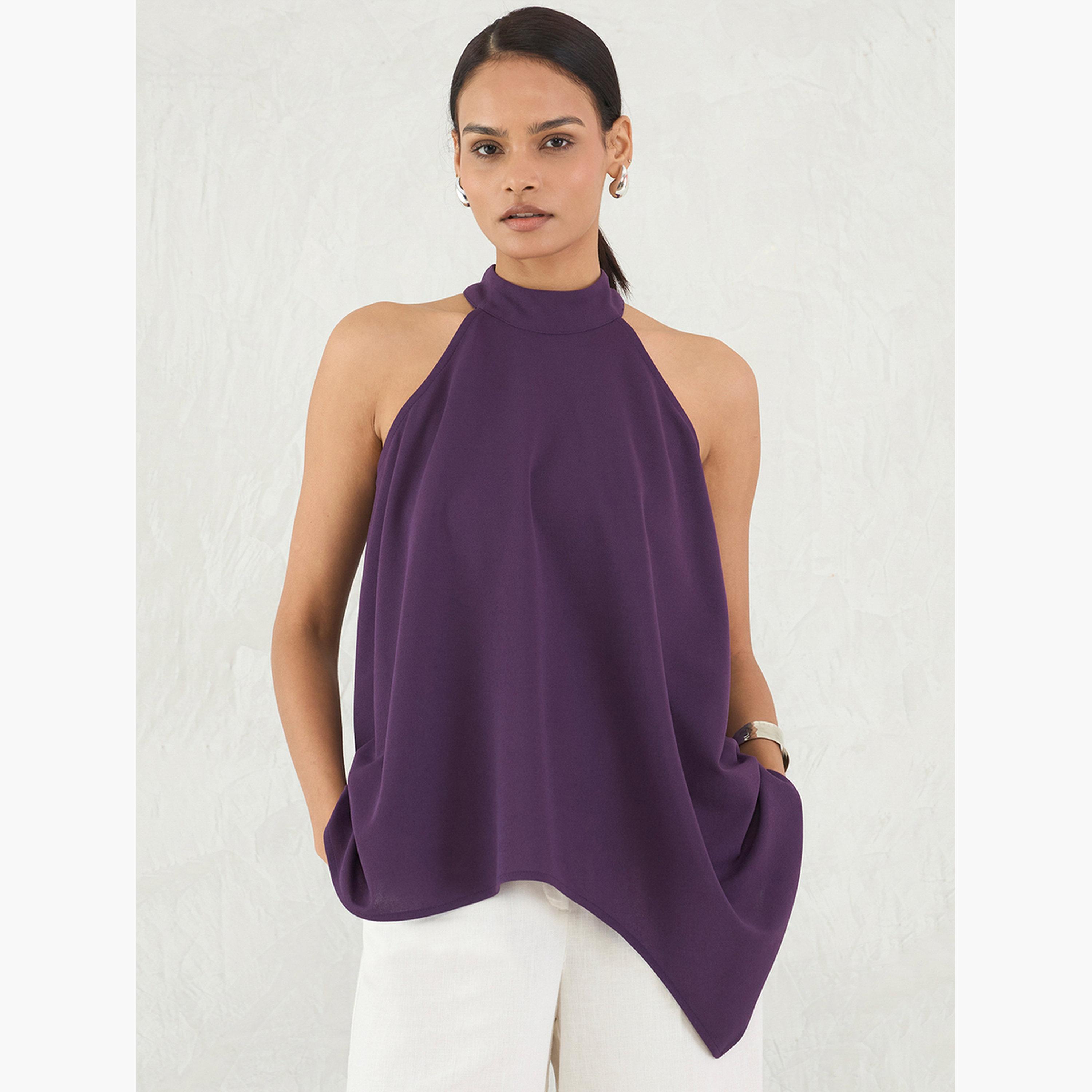فيميلا - بلوزة أرجوانية داكنة ياقة تعليق وحافة غير متماثلة-women-clothing-shirtsandblouses-blouses-image-1