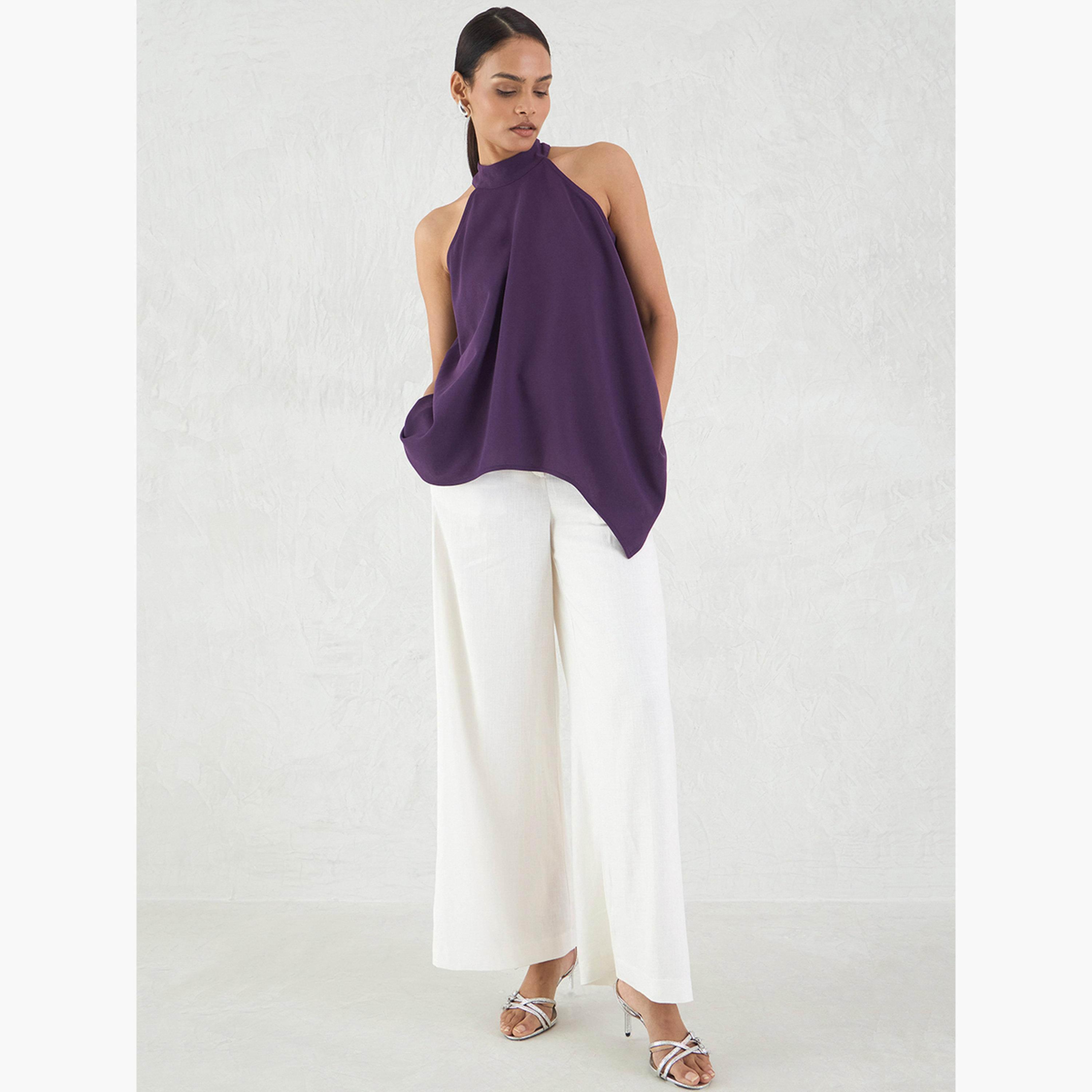 فيميلا - بلوزة أرجوانية داكنة ياقة تعليق وحافة غير متماثلة-women-clothing-shirtsandblouses-blouses-image-2